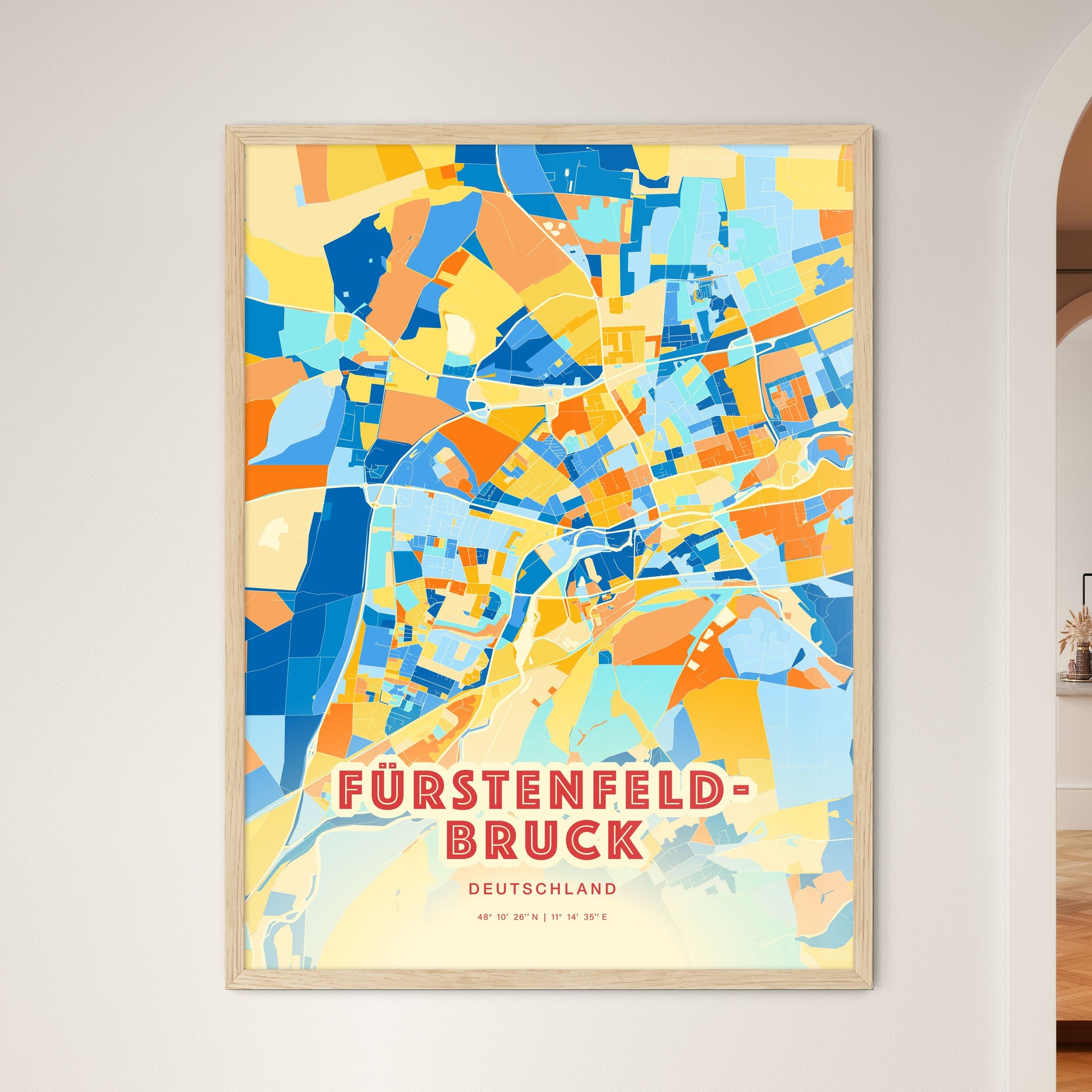 Colorful FURSTENFELDBRUCK GERMANY Fine Art Map Blue Orange