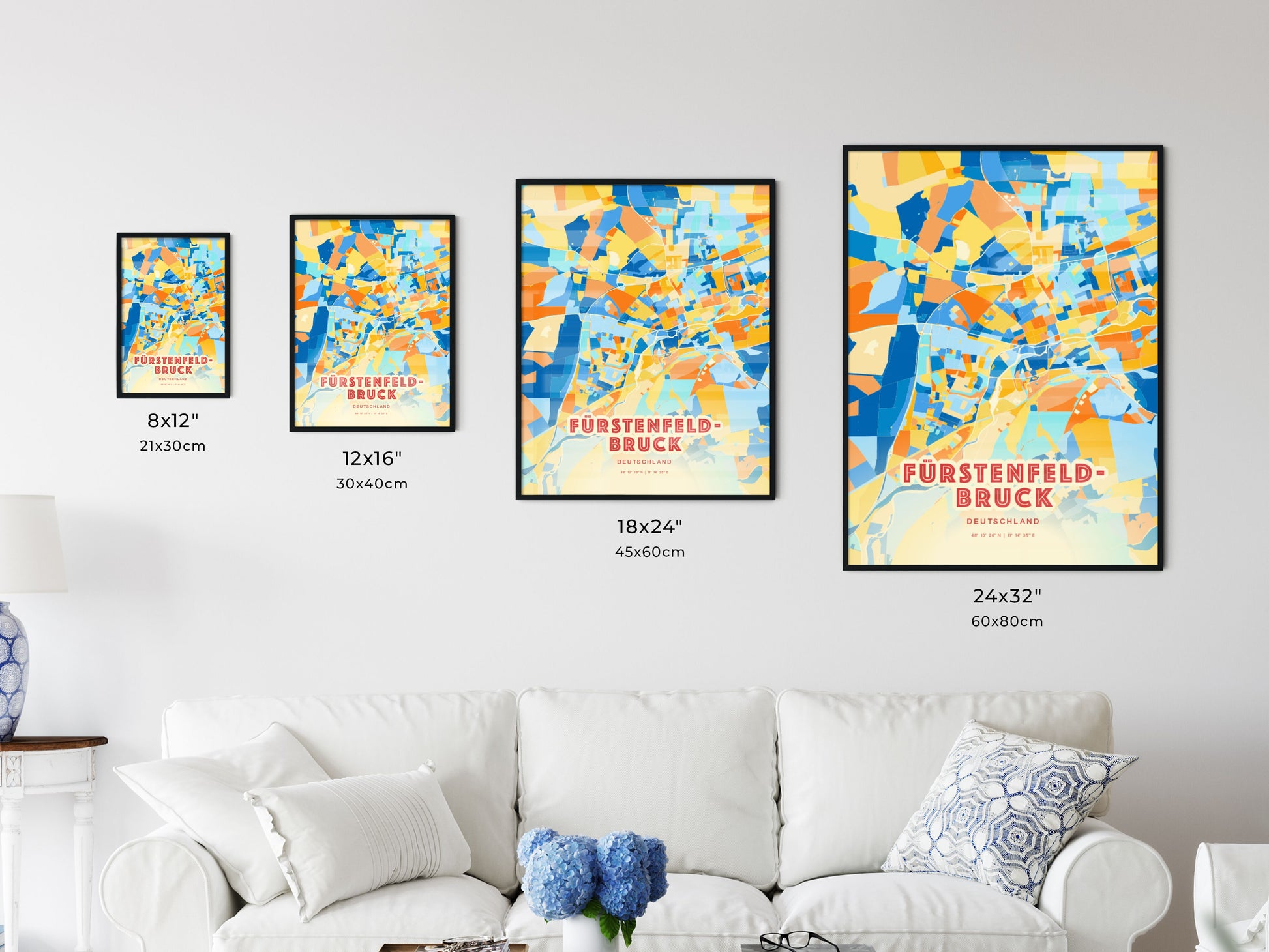 Colorful FURSTENFELDBRUCK GERMANY Fine Art Map Blue Orange