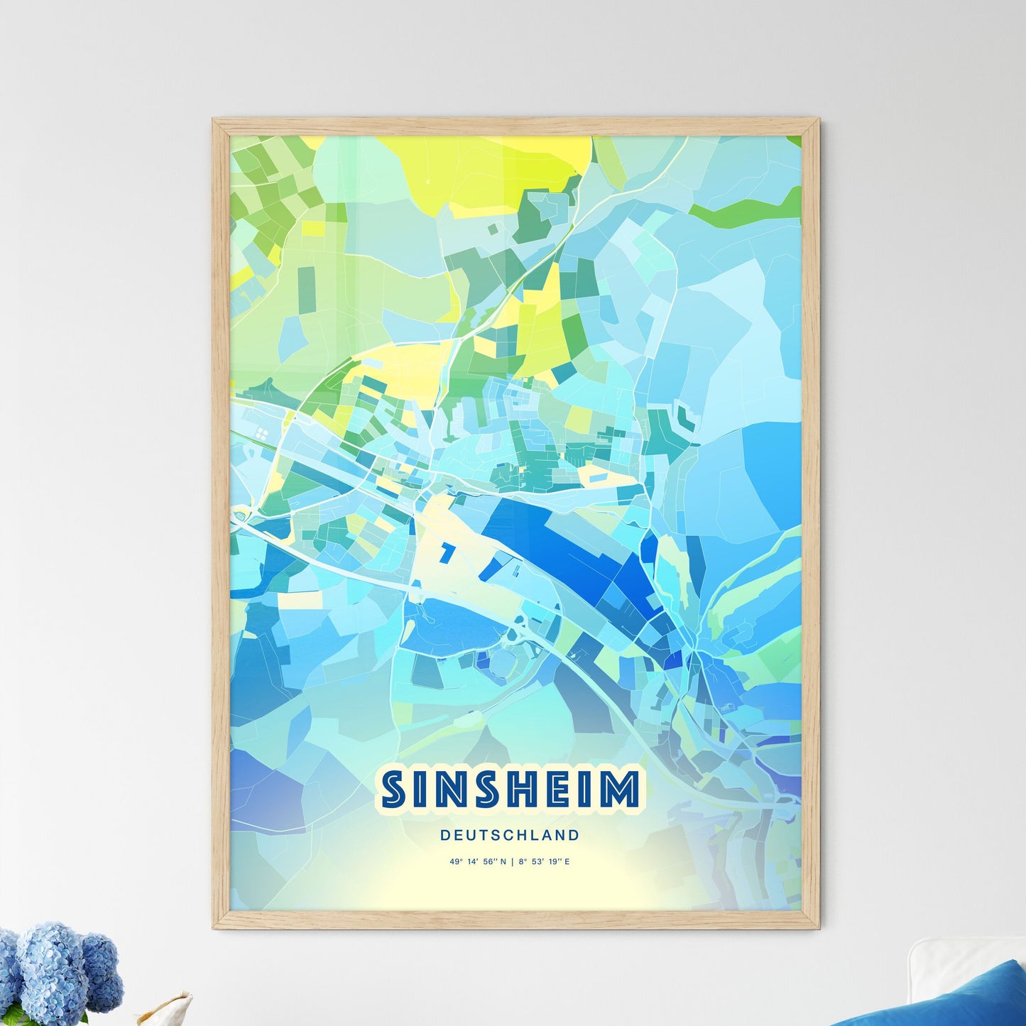 Colorful SINSHEIM GERMANY Fine Art Map Cool Blue