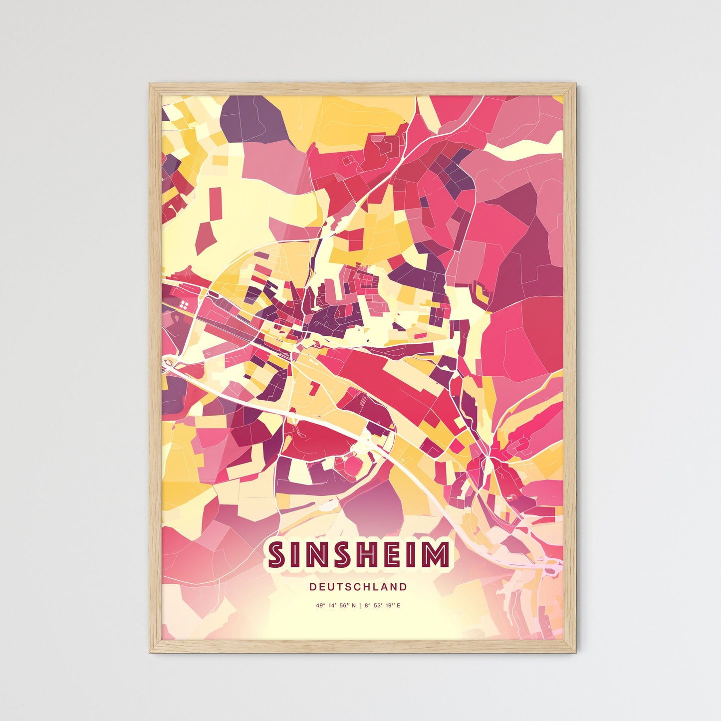 Colorful SINSHEIM GERMANY Fine Art Map Hot Red