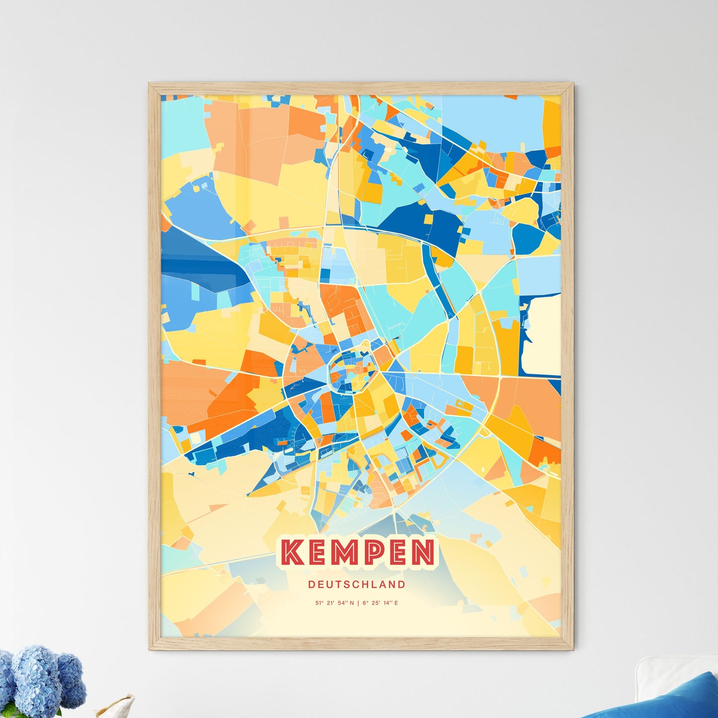 Colorful KEMPEN GERMANY Fine Art Map Blue Orange