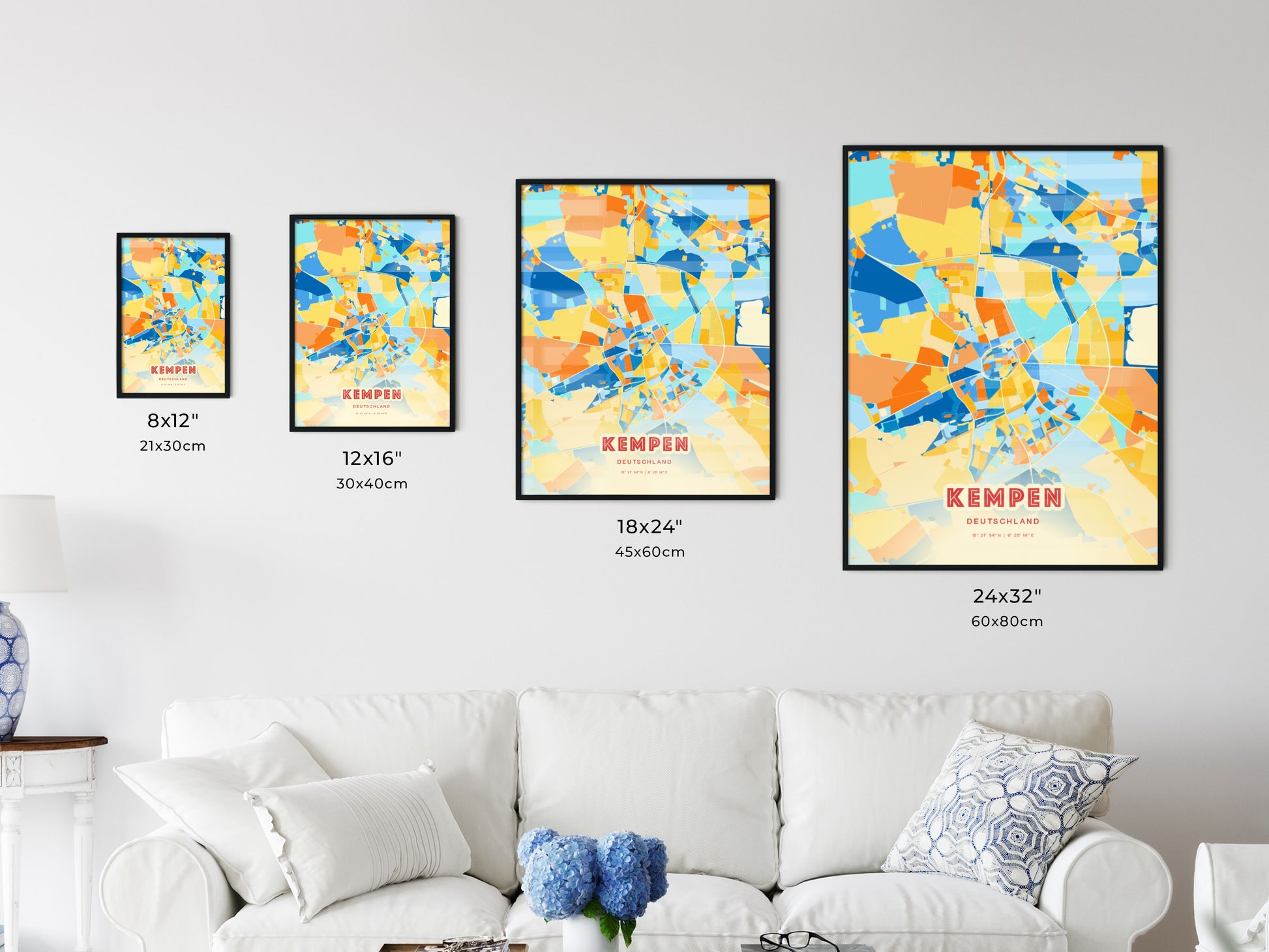 Colorful KEMPEN GERMANY Fine Art Map Blue Orange