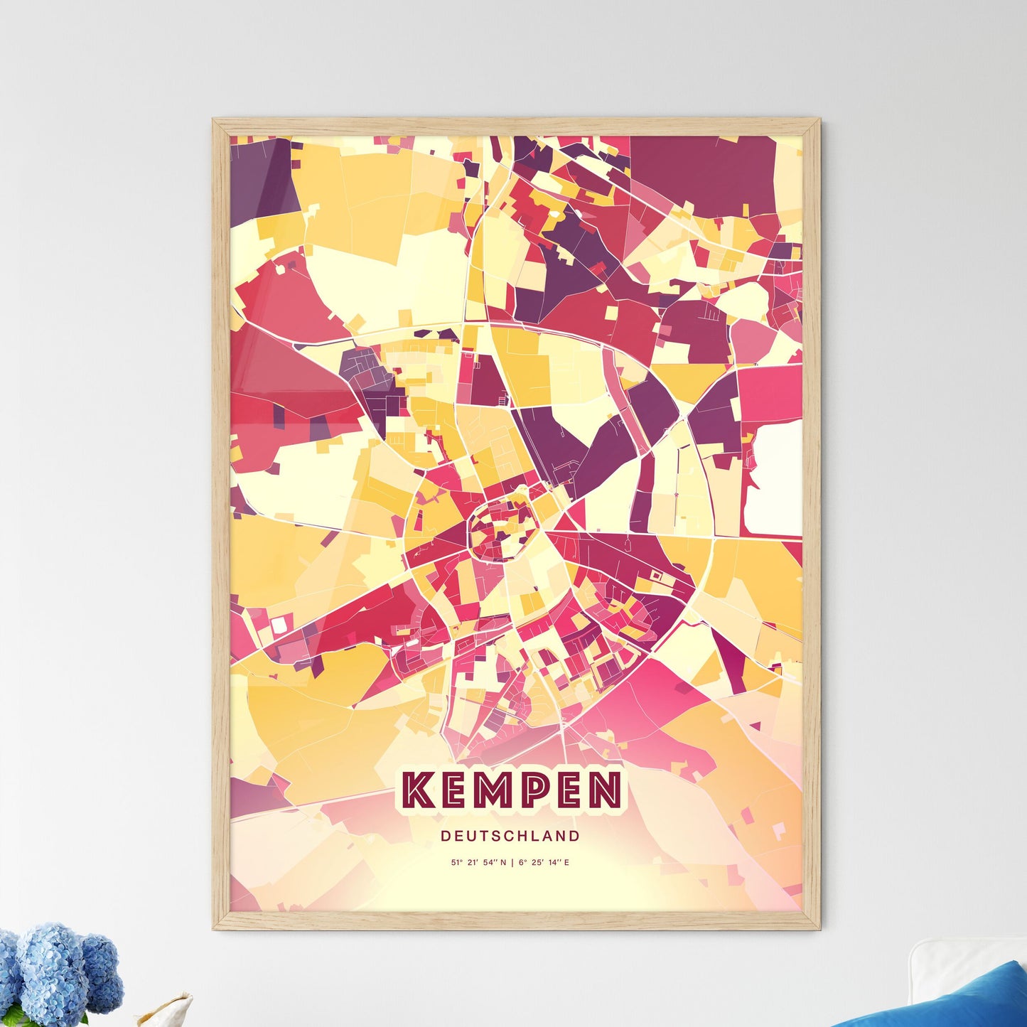 Colorful KEMPEN GERMANY Fine Art Map Hot Red