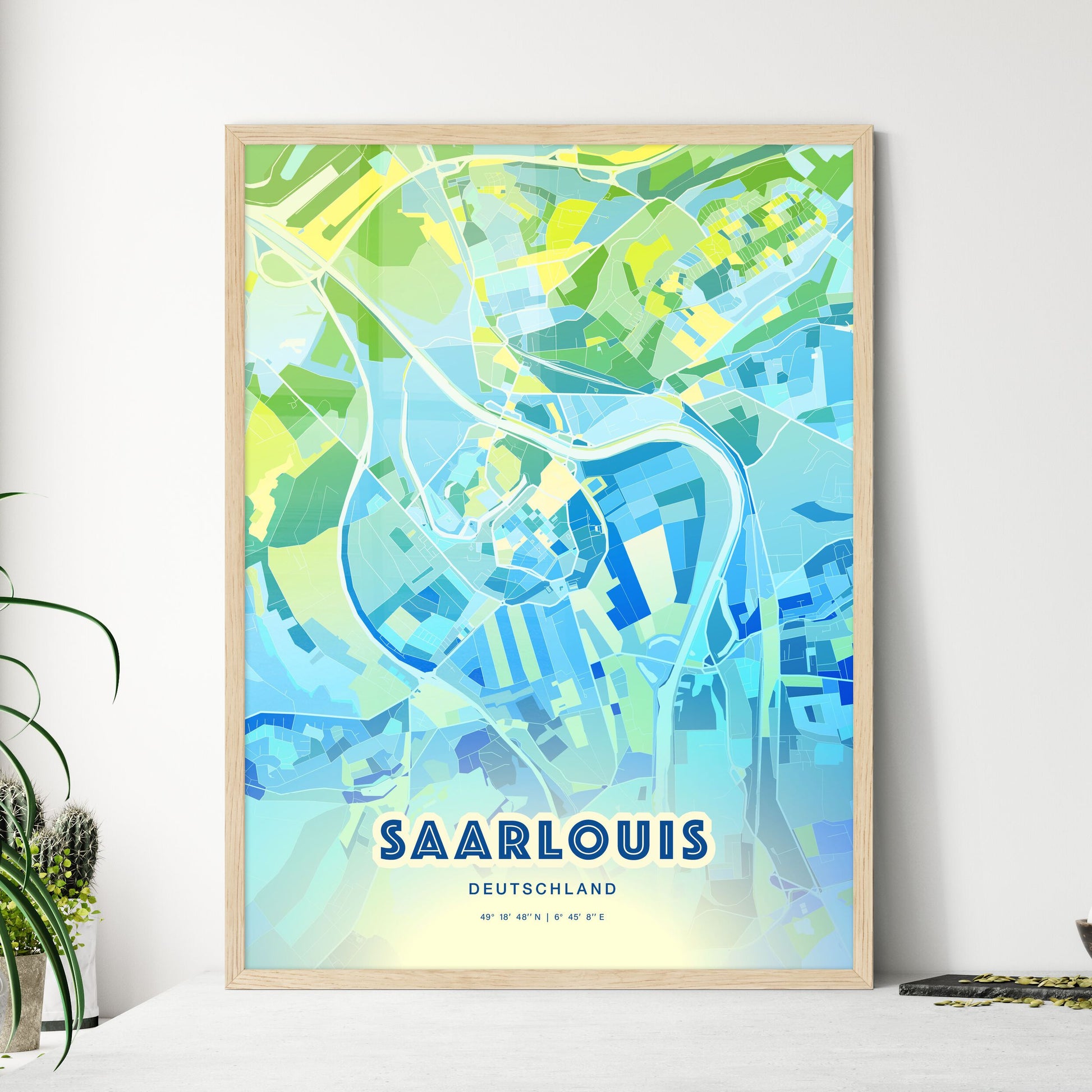 Colorful SAARLOUIS GERMANY Fine Art Map Cool Blue