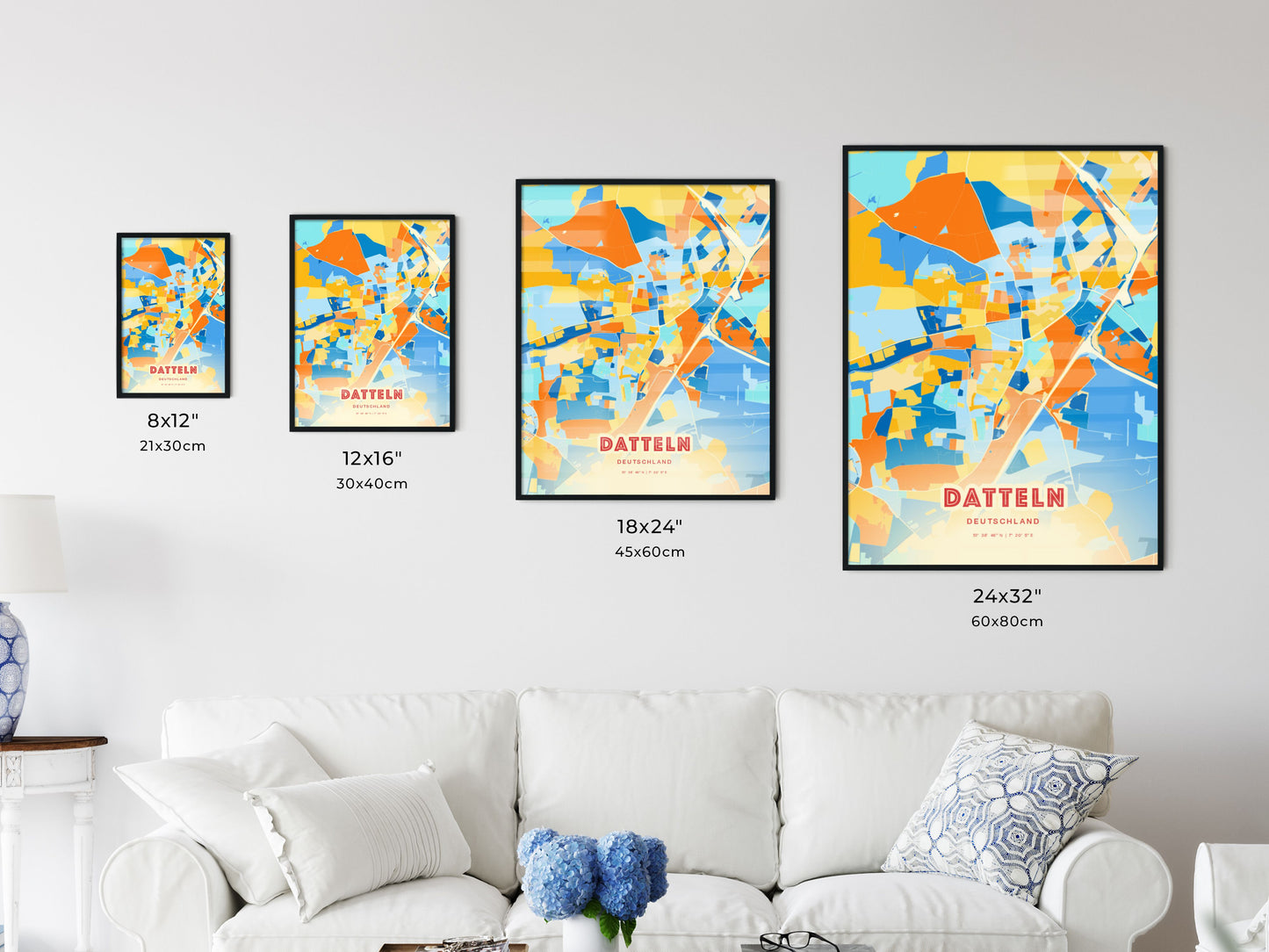 Colorful DATTELN GERMANY Fine Art Map Blue Orange