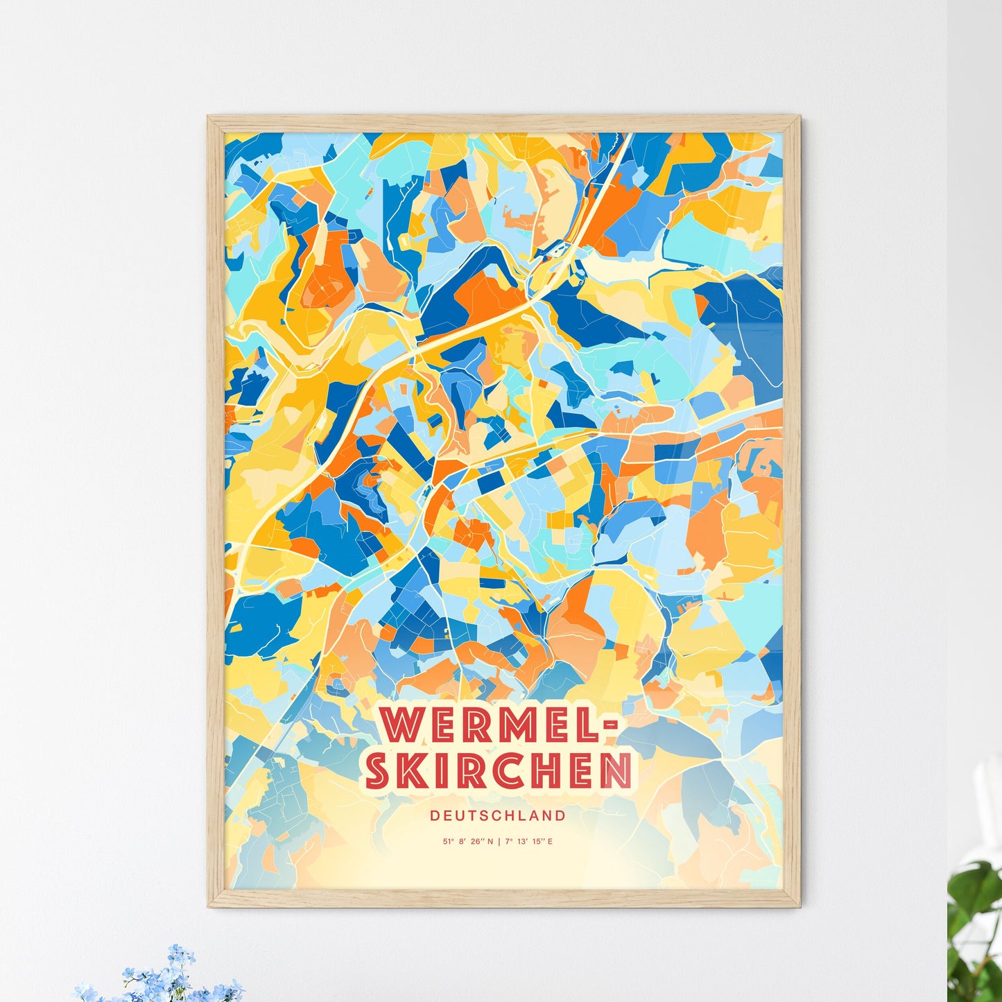 Colorful WERMELSKIRCHEN GERMANY Fine Art Map Blue Orange