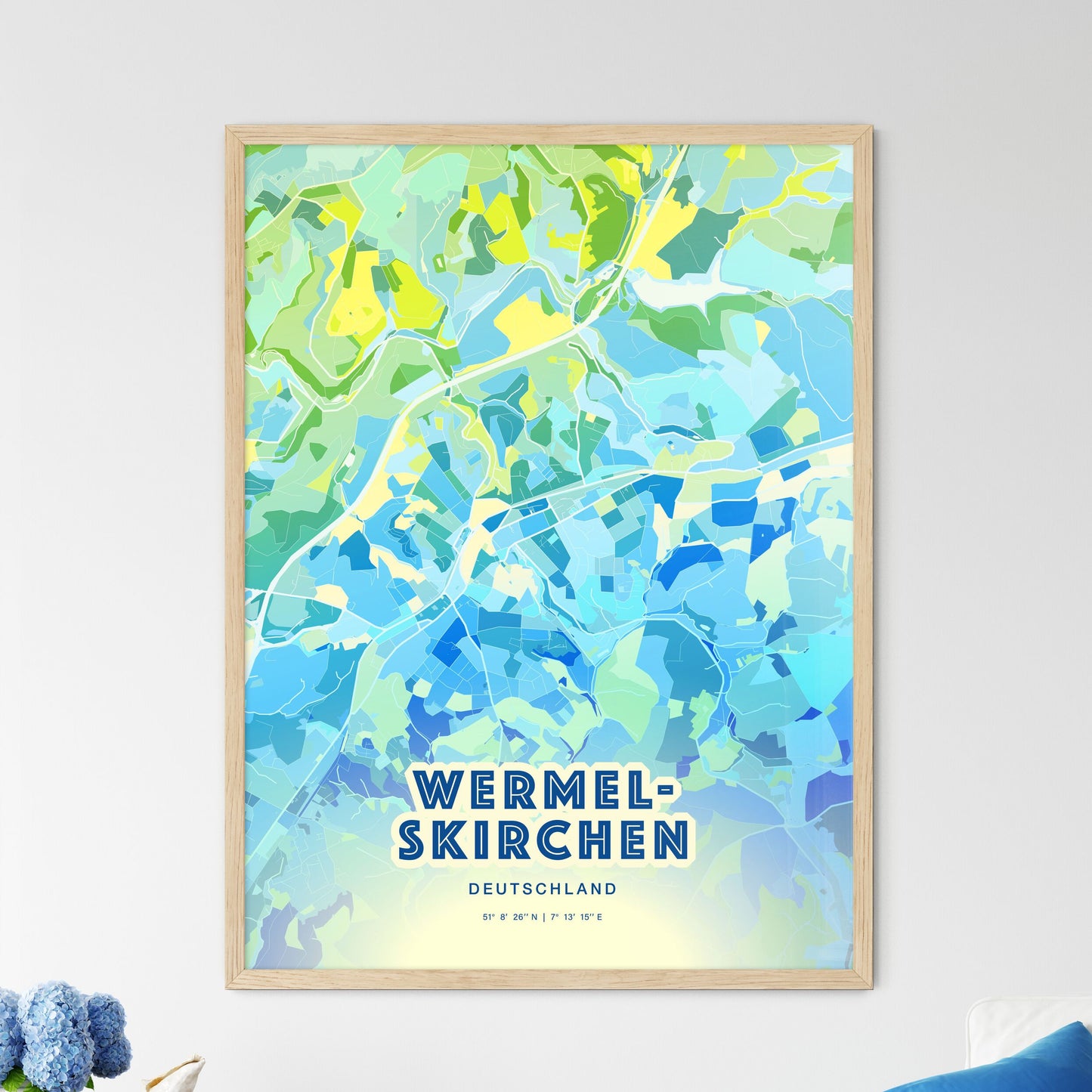 Colorful WERMELSKIRCHEN GERMANY Fine Art Map Cool Blue