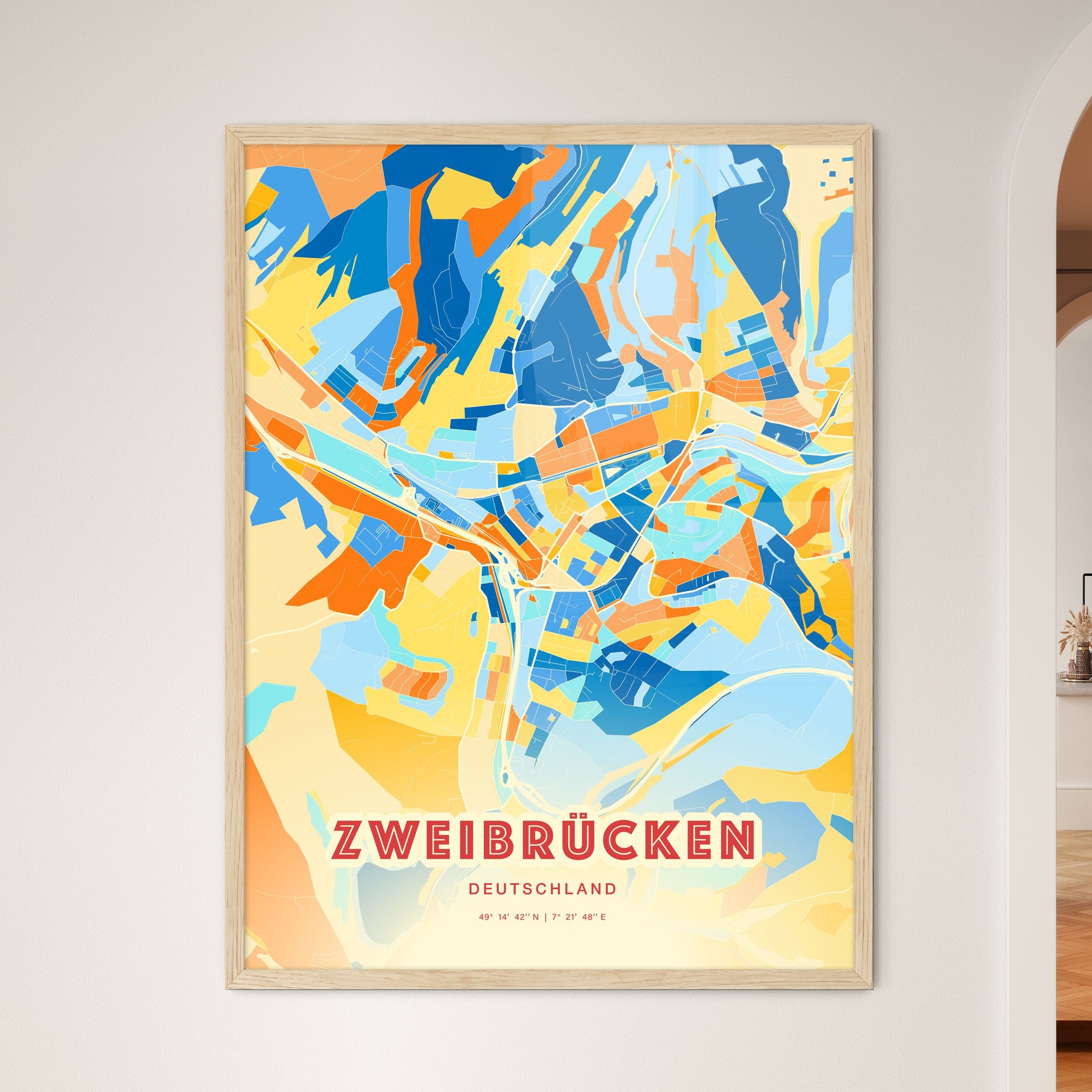 Colorful ZWEIBRUCKEN GERMANY Fine Art Map Blue Orange