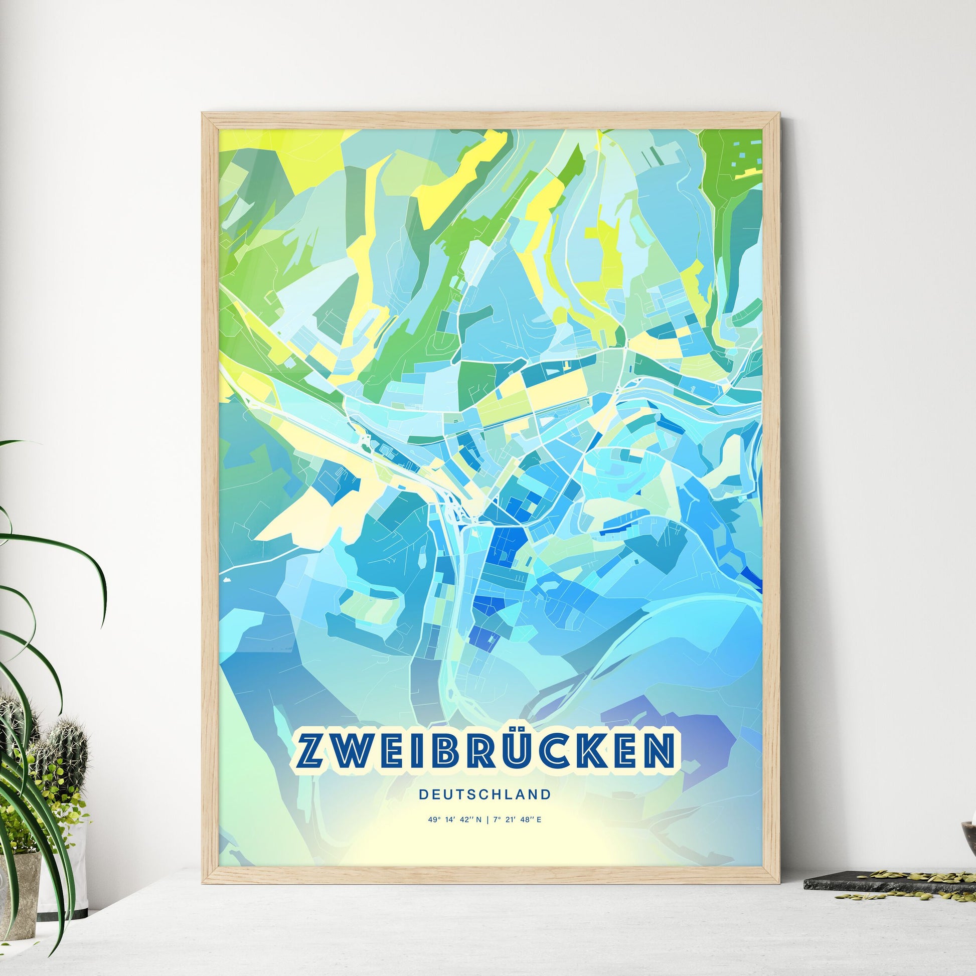 Colorful ZWEIBRUCKEN GERMANY Fine Art Map Cool Blue