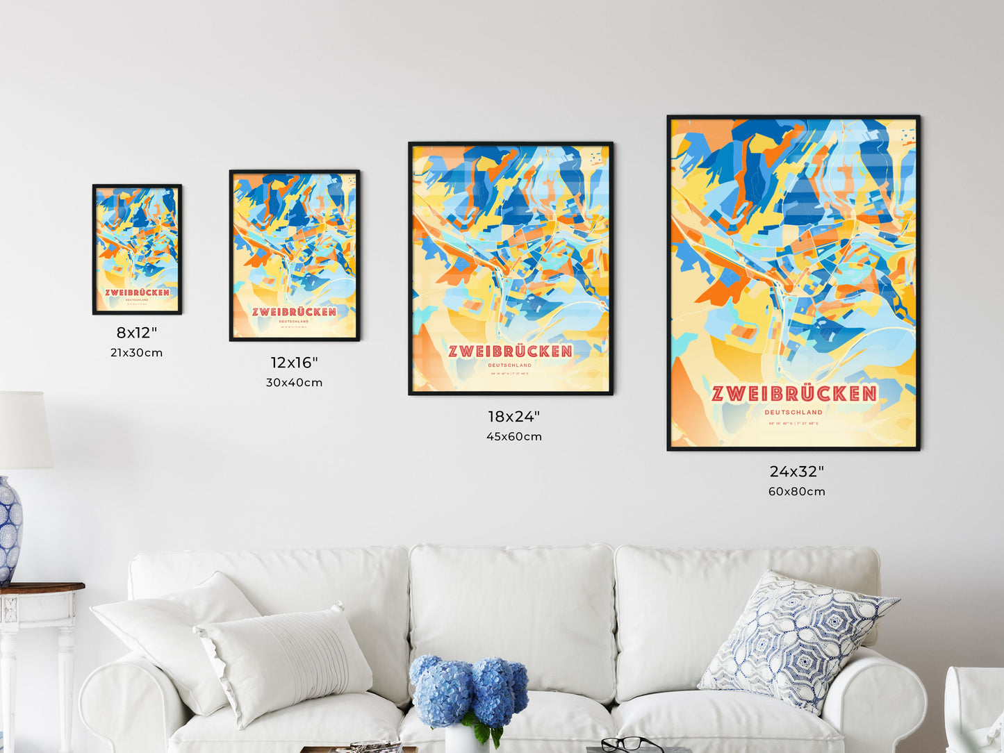 Colorful ZWEIBRUCKEN GERMANY Fine Art Map Blue Orange