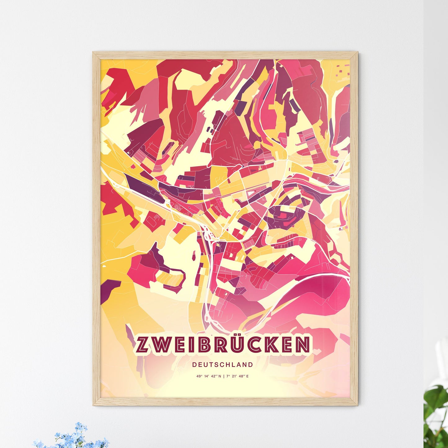 Colorful ZWEIBRUCKEN GERMANY Fine Art Map Hot Red