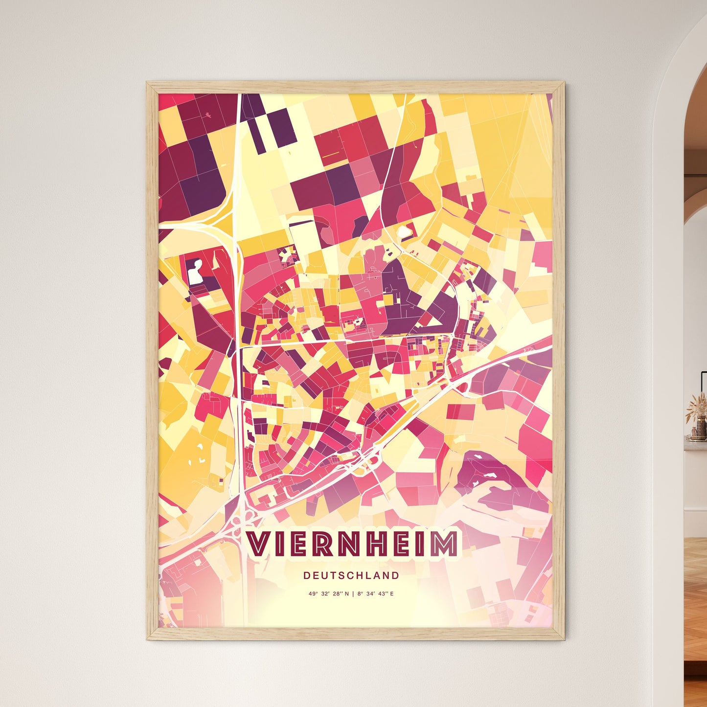 Colorful VIERNHEIM GERMANY Fine Art Map Hot Red