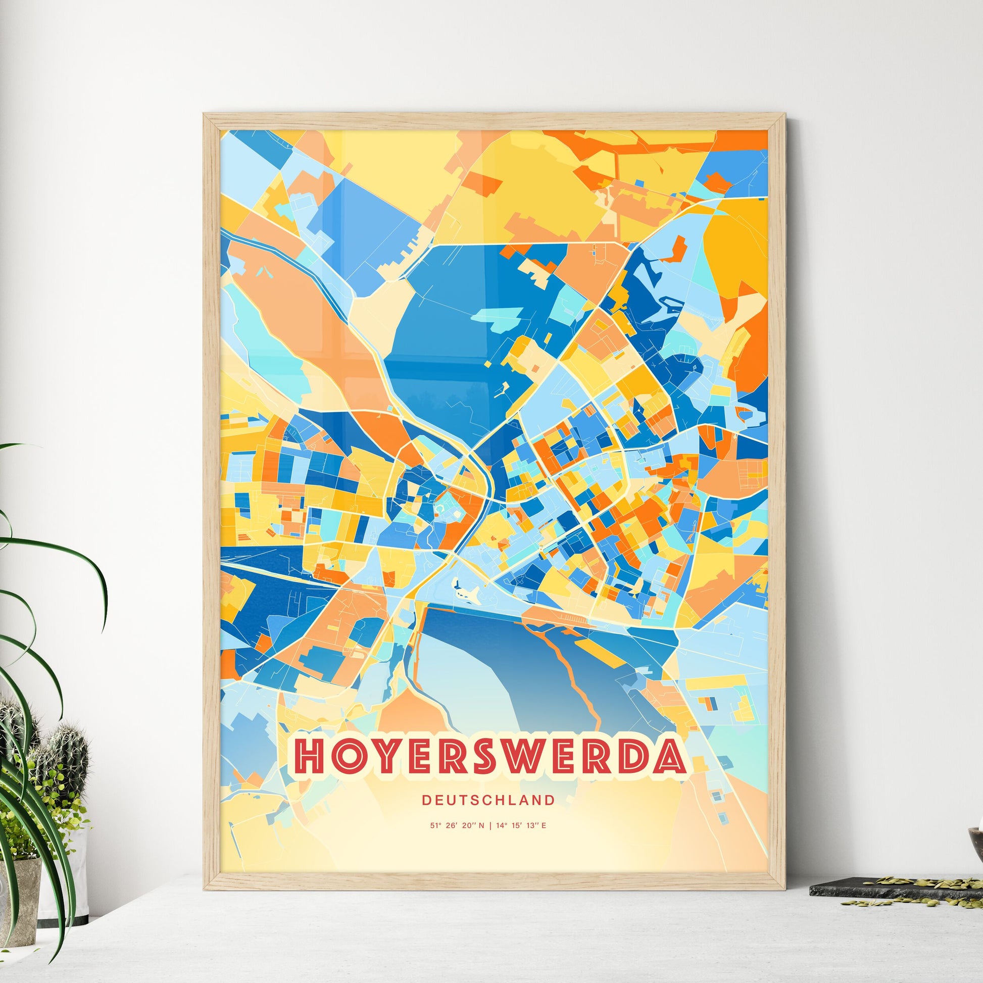 Colorful HOYERSWERDA GERMANY Fine Art Map Blue Orange