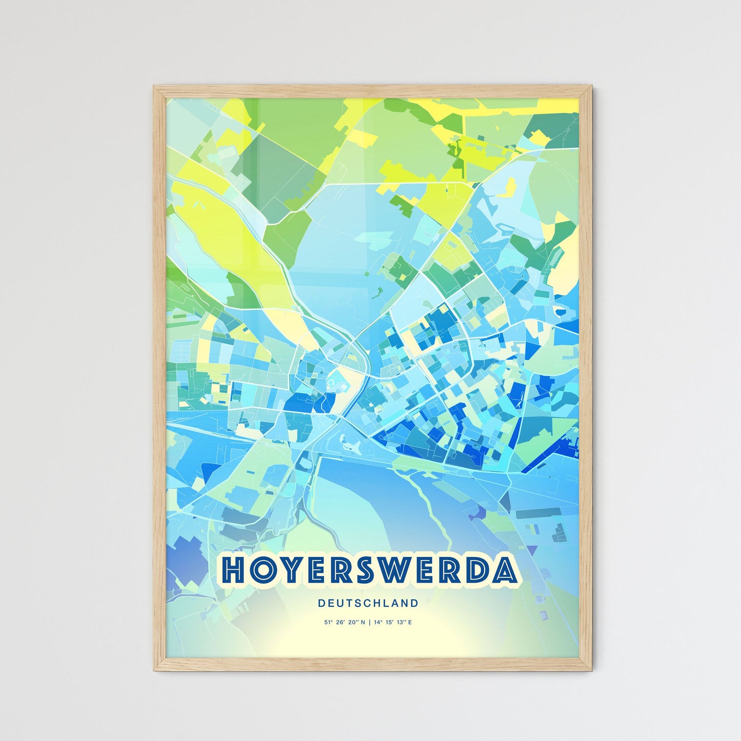 Colorful HOYERSWERDA GERMANY Fine Art Map Cool Blue