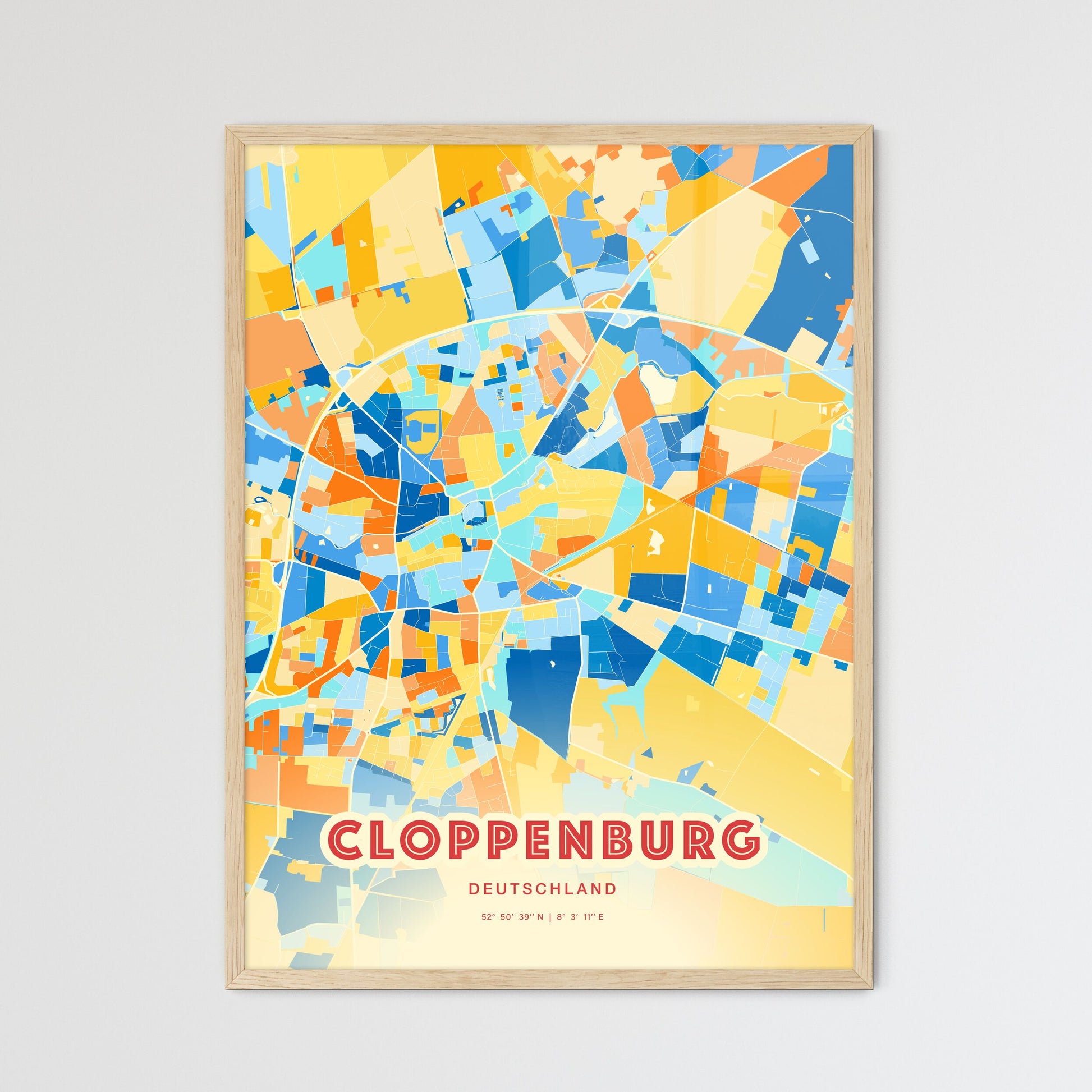 Colorful CLOPPENBURG GERMANY Fine Art Map Blue Orange