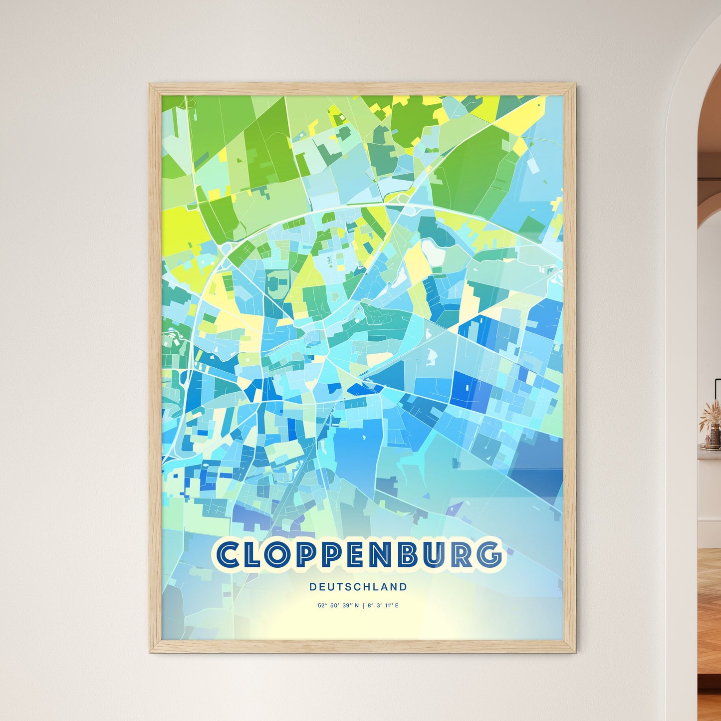 Colorful CLOPPENBURG GERMANY Fine Art Map Cool Blue