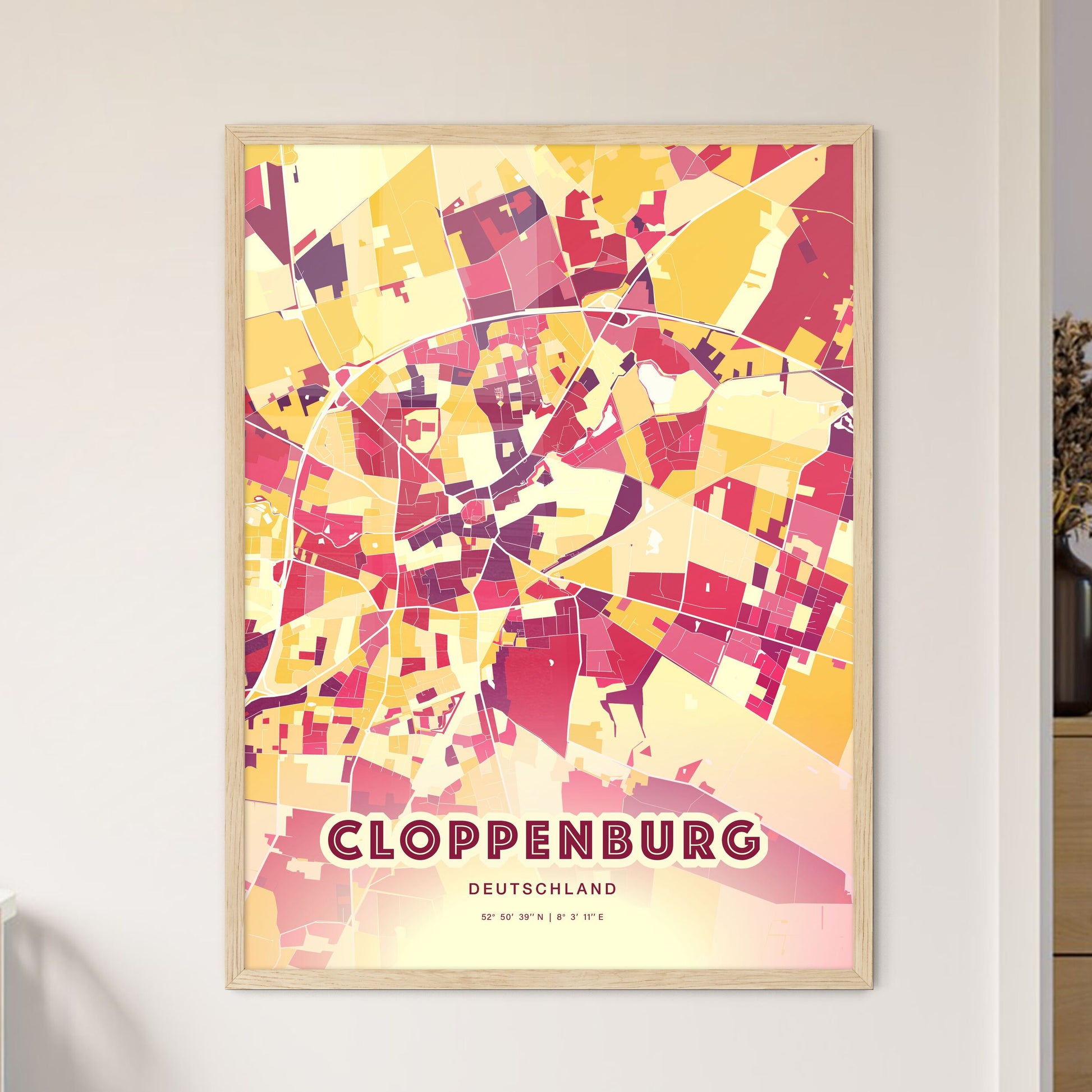 Colorful CLOPPENBURG GERMANY Fine Art Map Hot Red