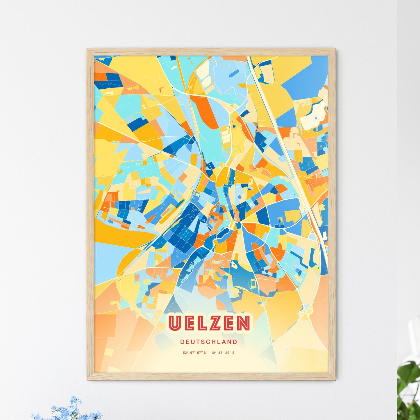 Colorful UELZEN GERMANY Fine Art Map Blue Orange