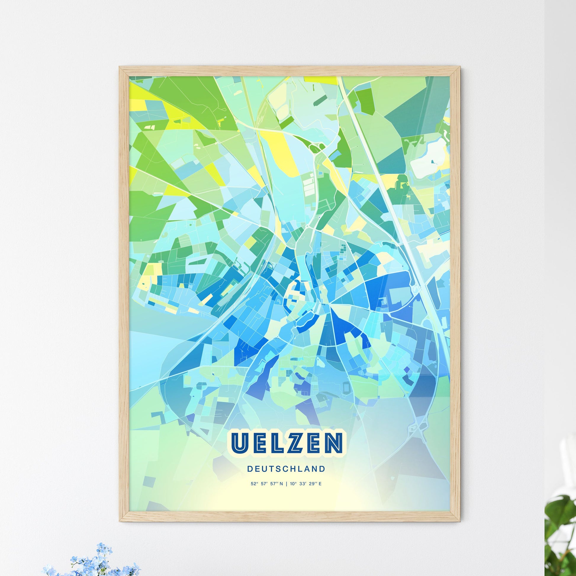 Colorful UELZEN GERMANY Fine Art Map Cool Blue