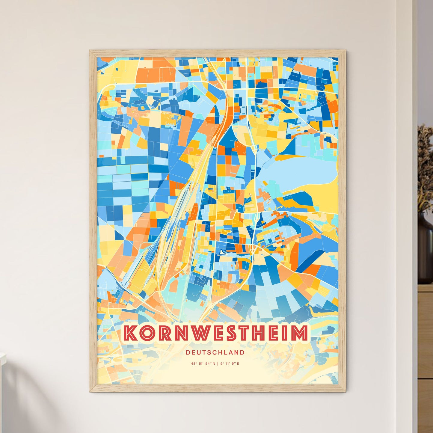 Colorful KORNWESTHEIM GERMANY Fine Art Map Blue Orange