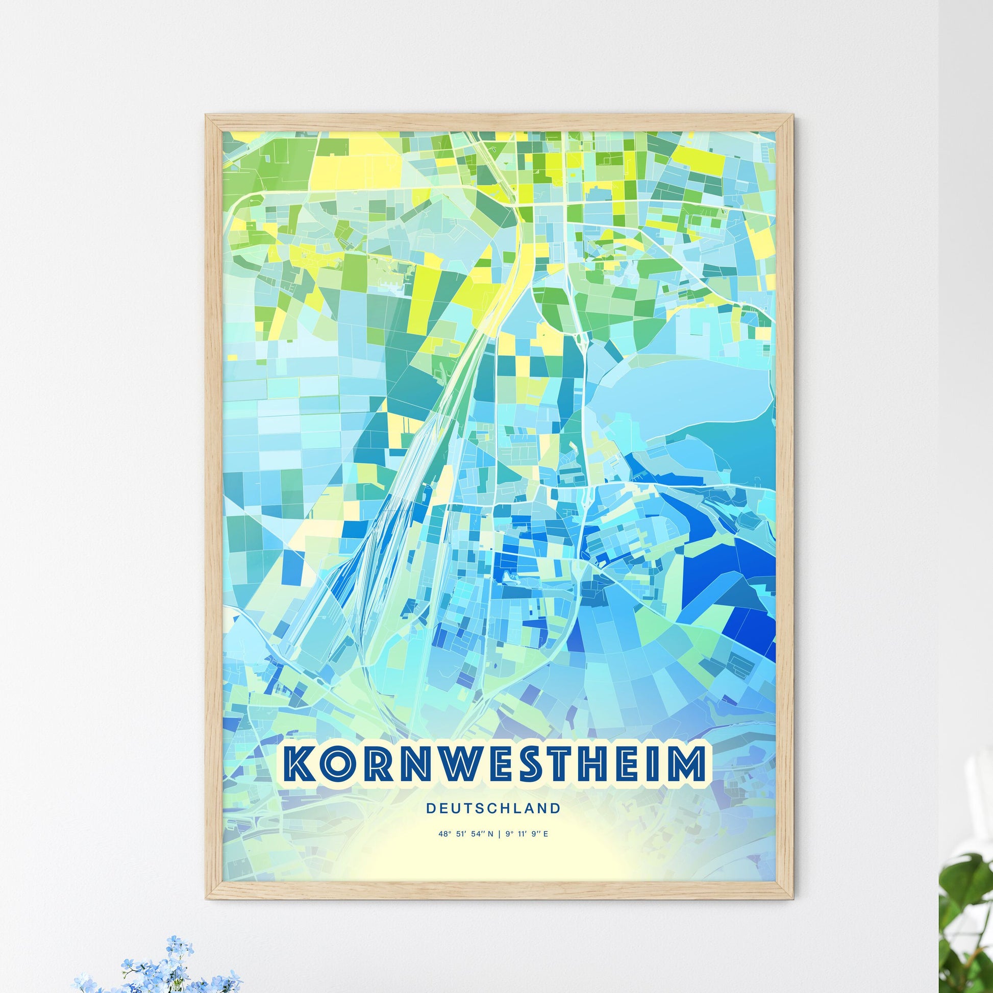 Colorful KORNWESTHEIM GERMANY Fine Art Map Cool Blue