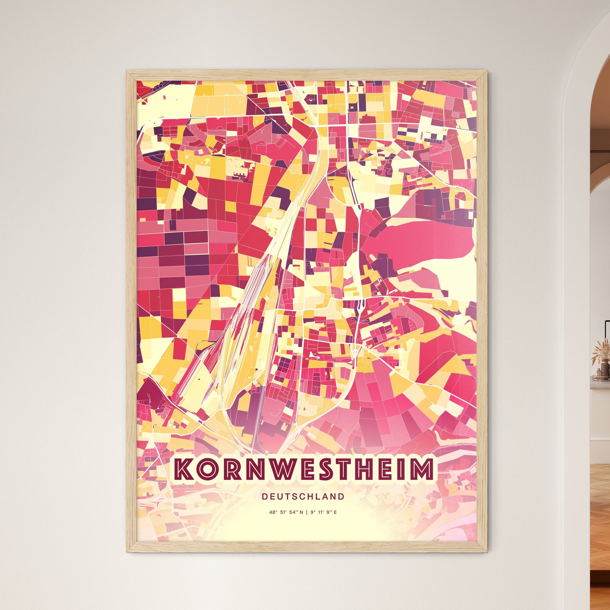 Colorful KORNWESTHEIM GERMANY Fine Art Map Hot Red