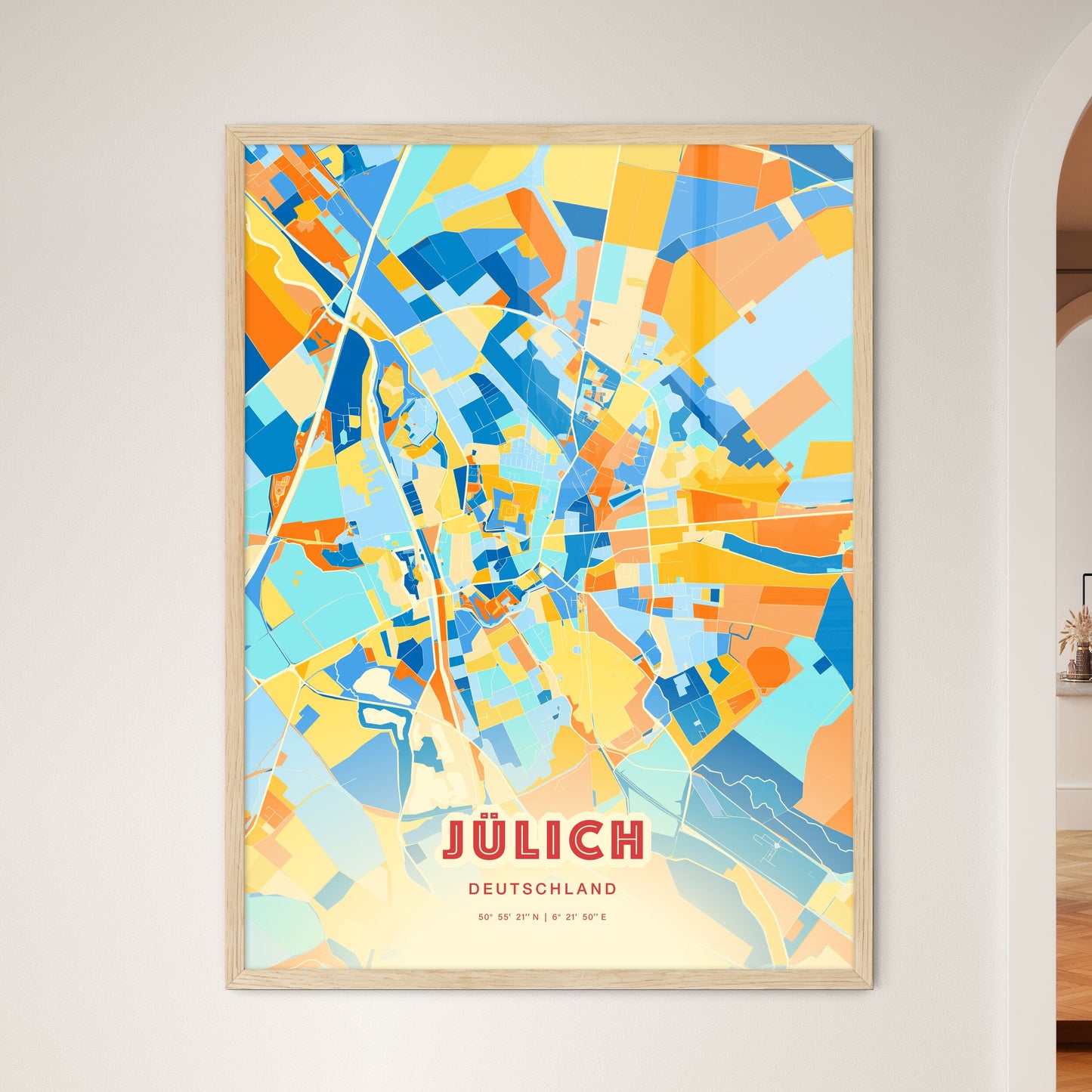 Colorful JULICH GERMANY Fine Art Map Blue Orange