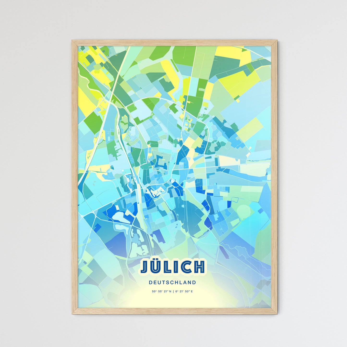 Colorful JULICH GERMANY Fine Art Map Cool Blue