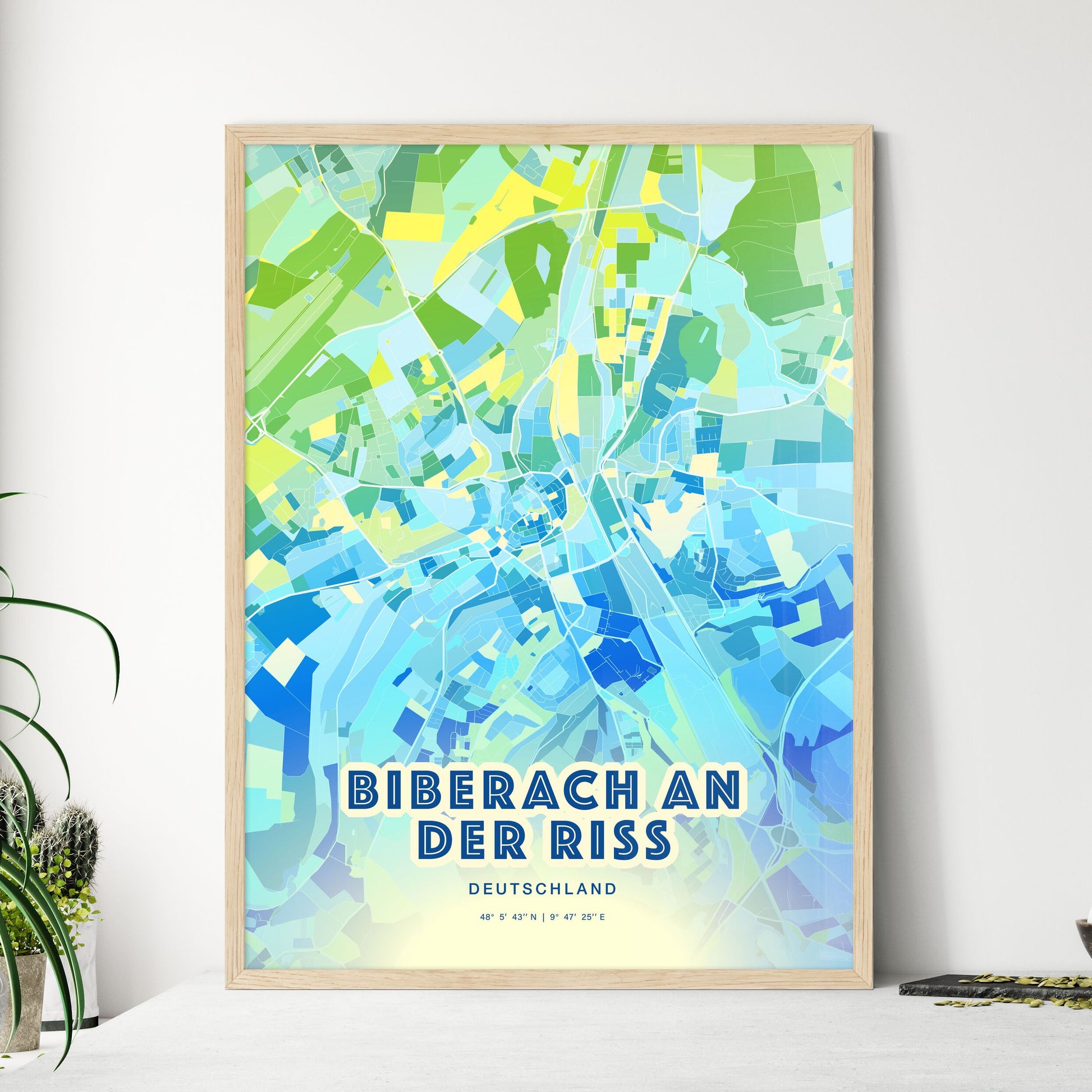 Colorful BIBERACH AN DER RISS GERMANY Fine Art Map Cool Blue