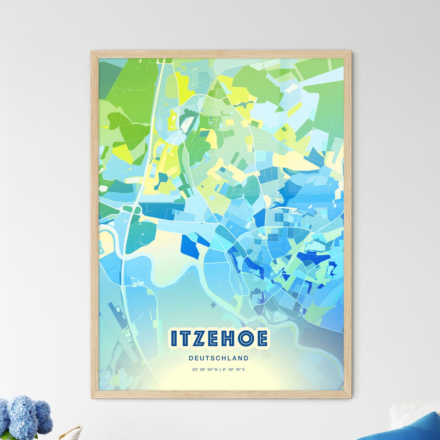 Colorful ITZEHOE GERMANY Fine Art Map Cool Blue