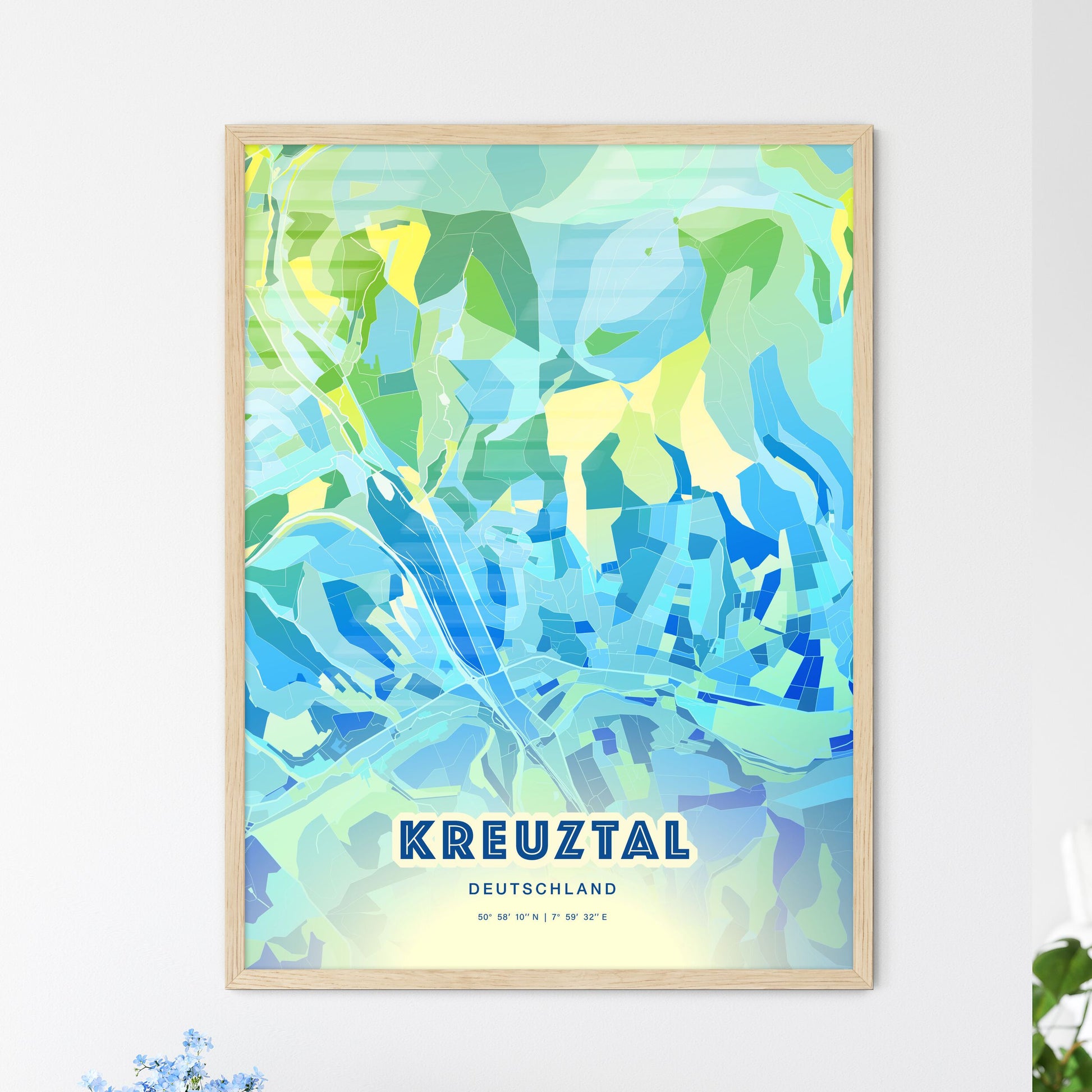 Colorful KREUZTAL GERMANY Fine Art Map Cool Blue