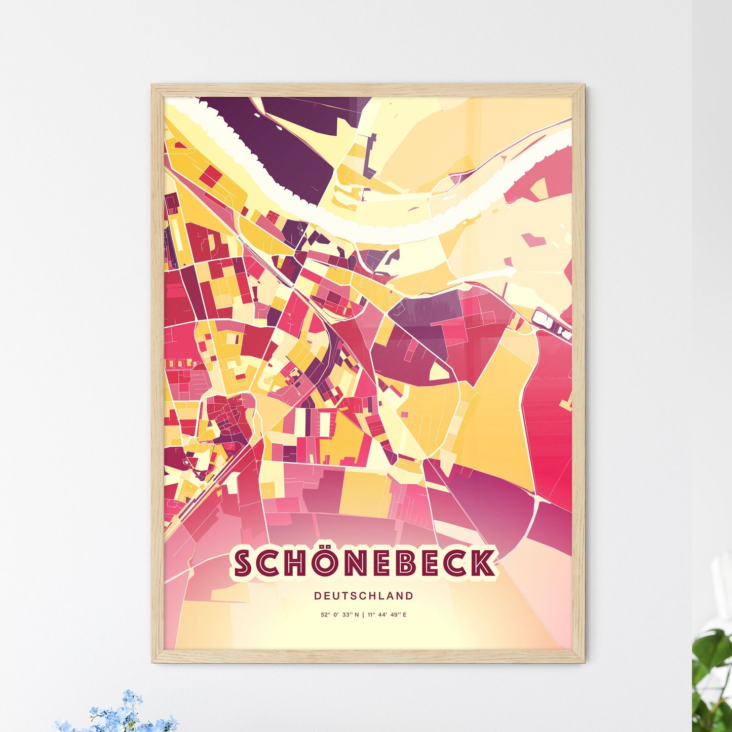 Colorful SCHONEBECK GERMANY Fine Art Map Hot Red