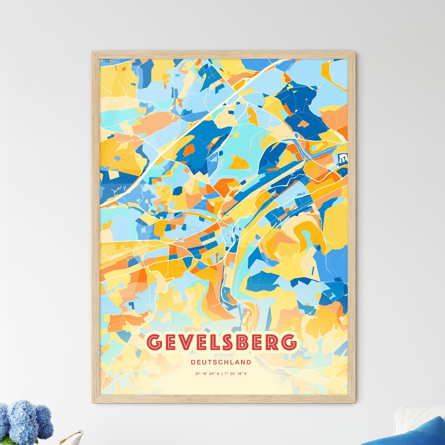 Colorful GEVELSBERG GERMANY Fine Art Map Blue Orange