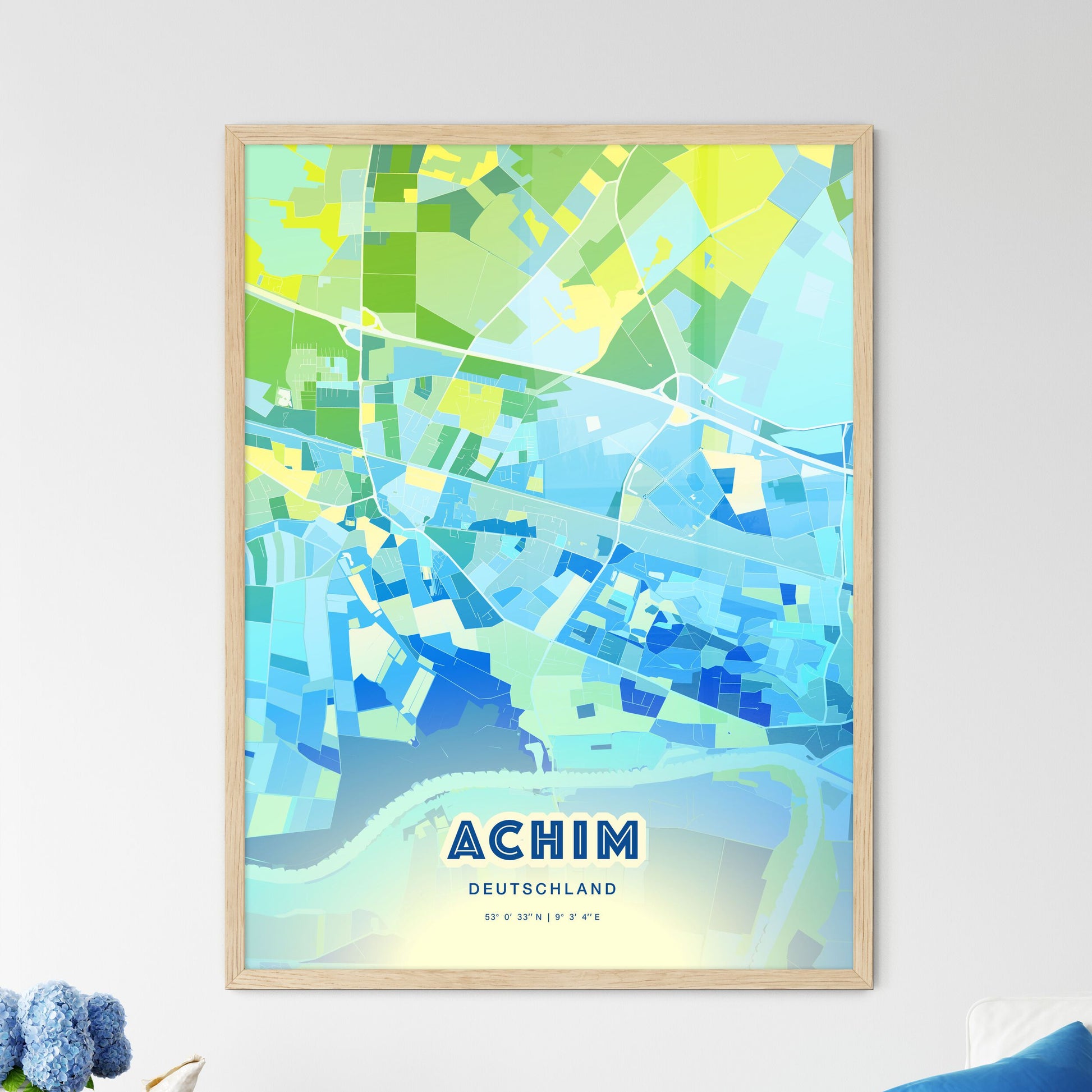 Colorful ACHIM GERMANY Fine Art Map Cool Blue