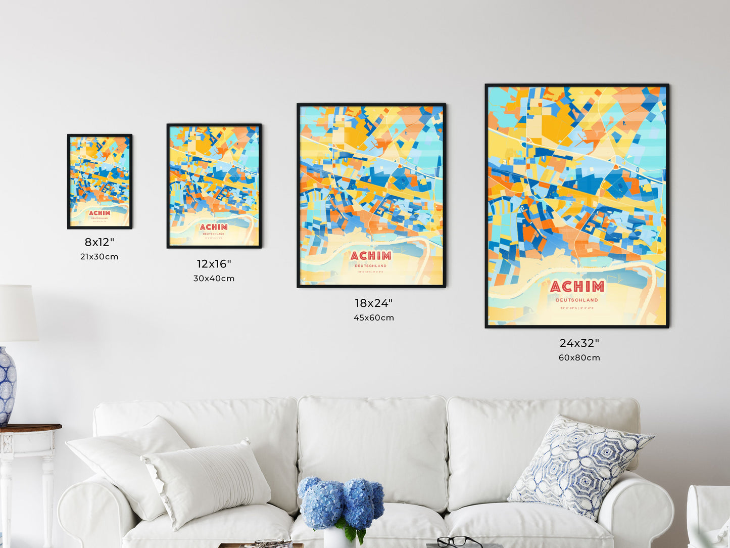 Colorful ACHIM GERMANY Fine Art Map Blue Orange