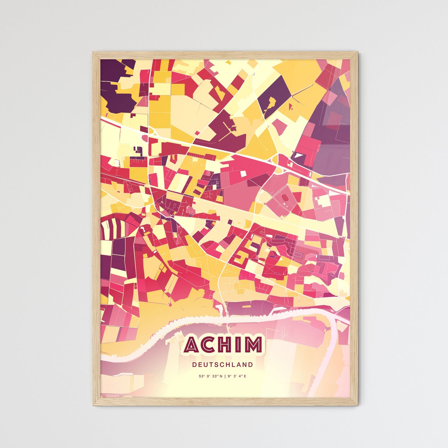 Colorful ACHIM GERMANY Fine Art Map Hot Red