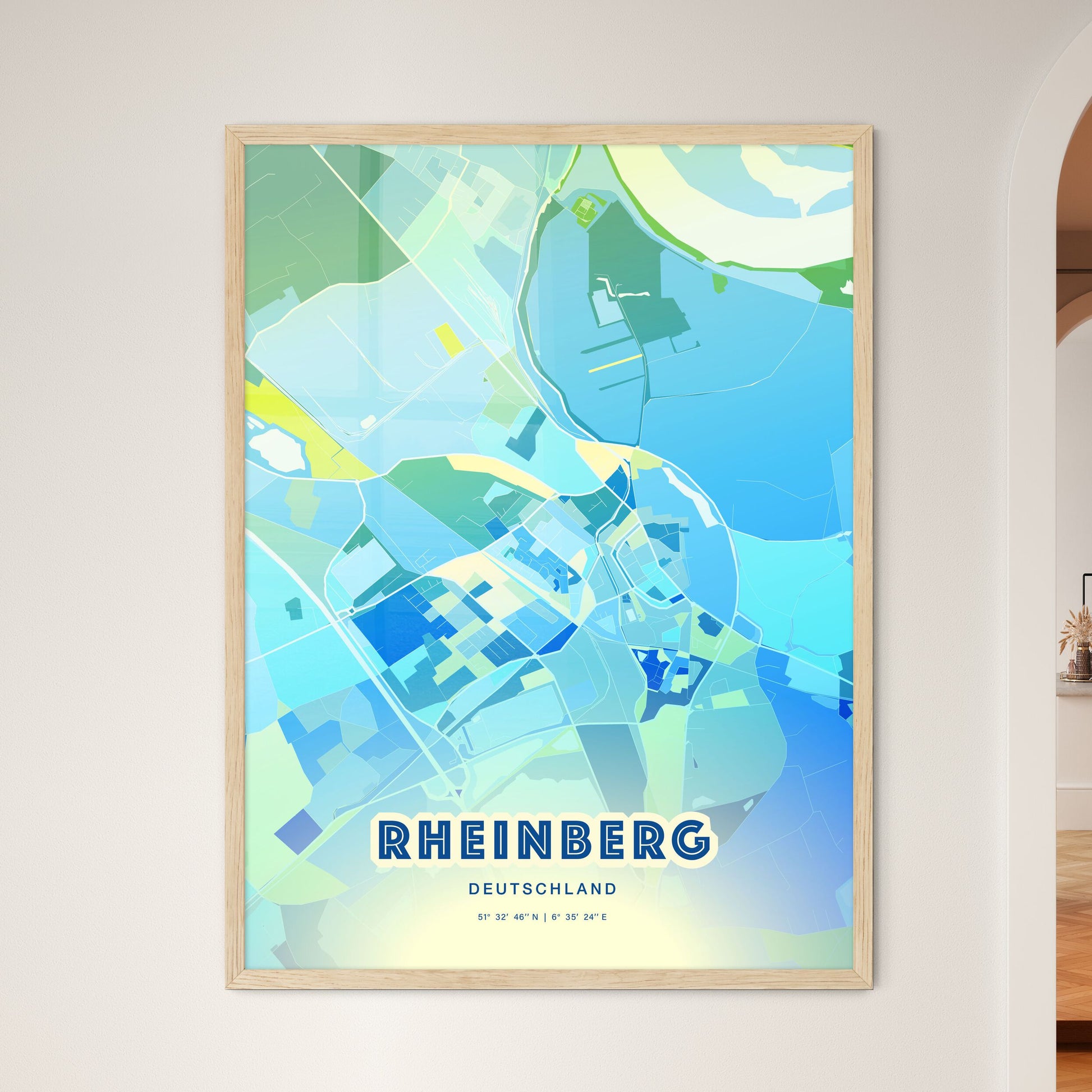 Colorful RHEINBERG GERMANY Fine Art Map Cool Blue