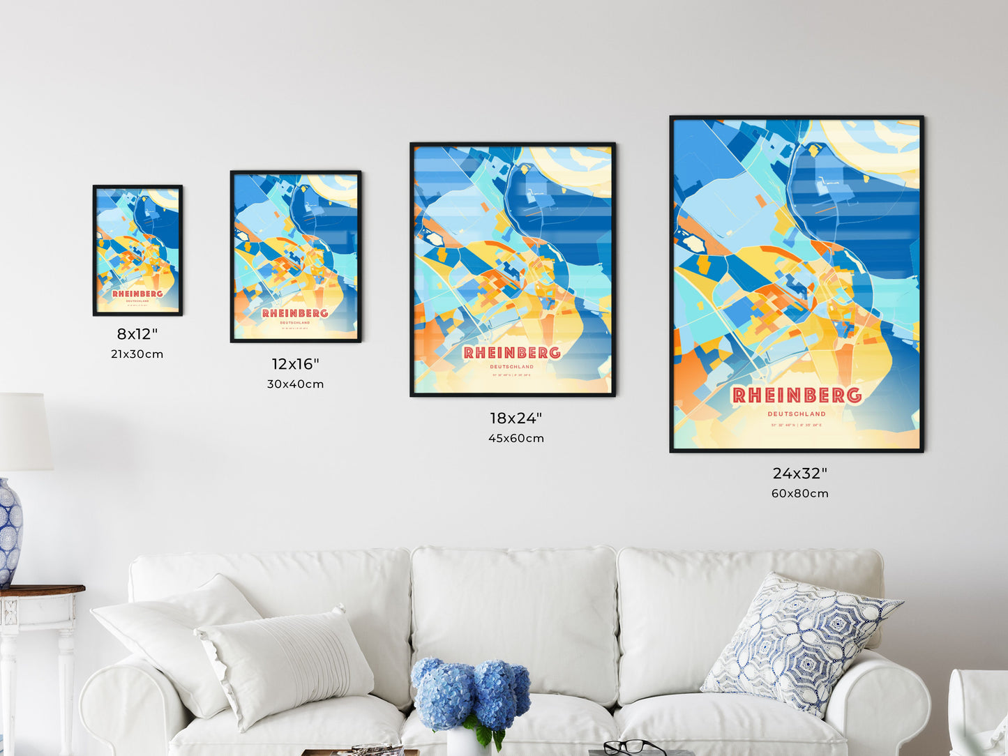 Colorful RHEINBERG GERMANY Fine Art Map Blue Orange