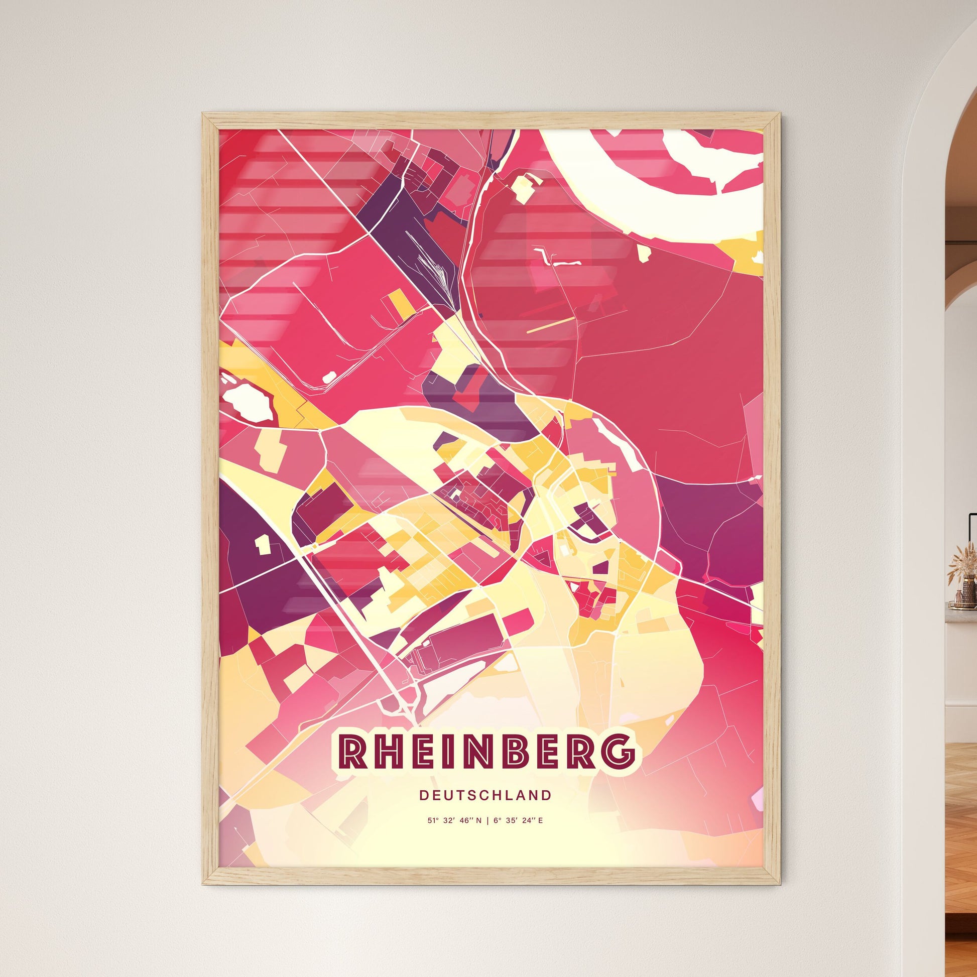 Colorful RHEINBERG GERMANY Fine Art Map Hot Red