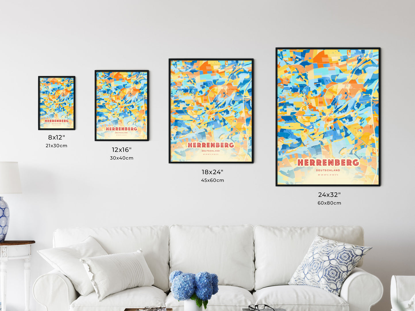 Colorful HERRENBERG GERMANY Fine Art Map Blue Orange