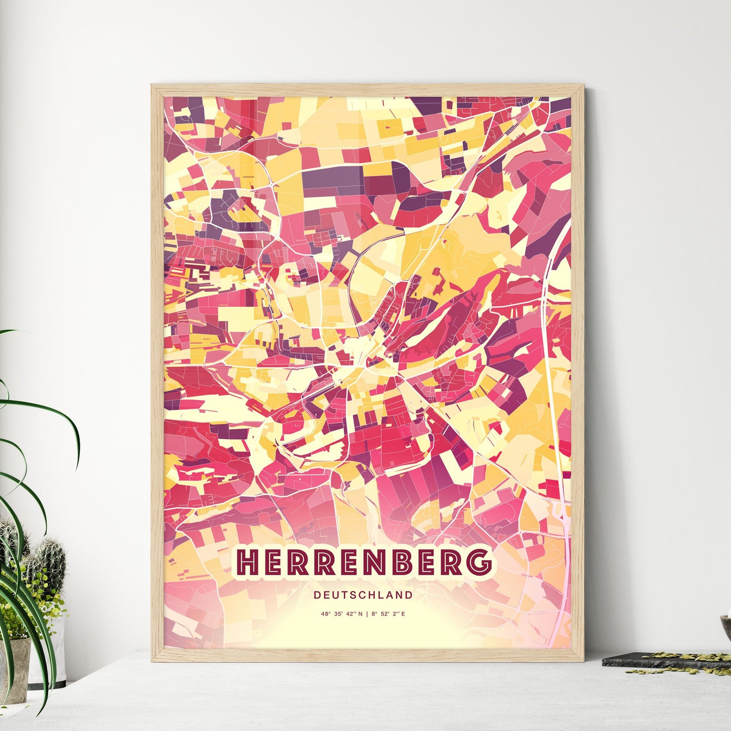 Colorful HERRENBERG GERMANY Fine Art Map Hot Red