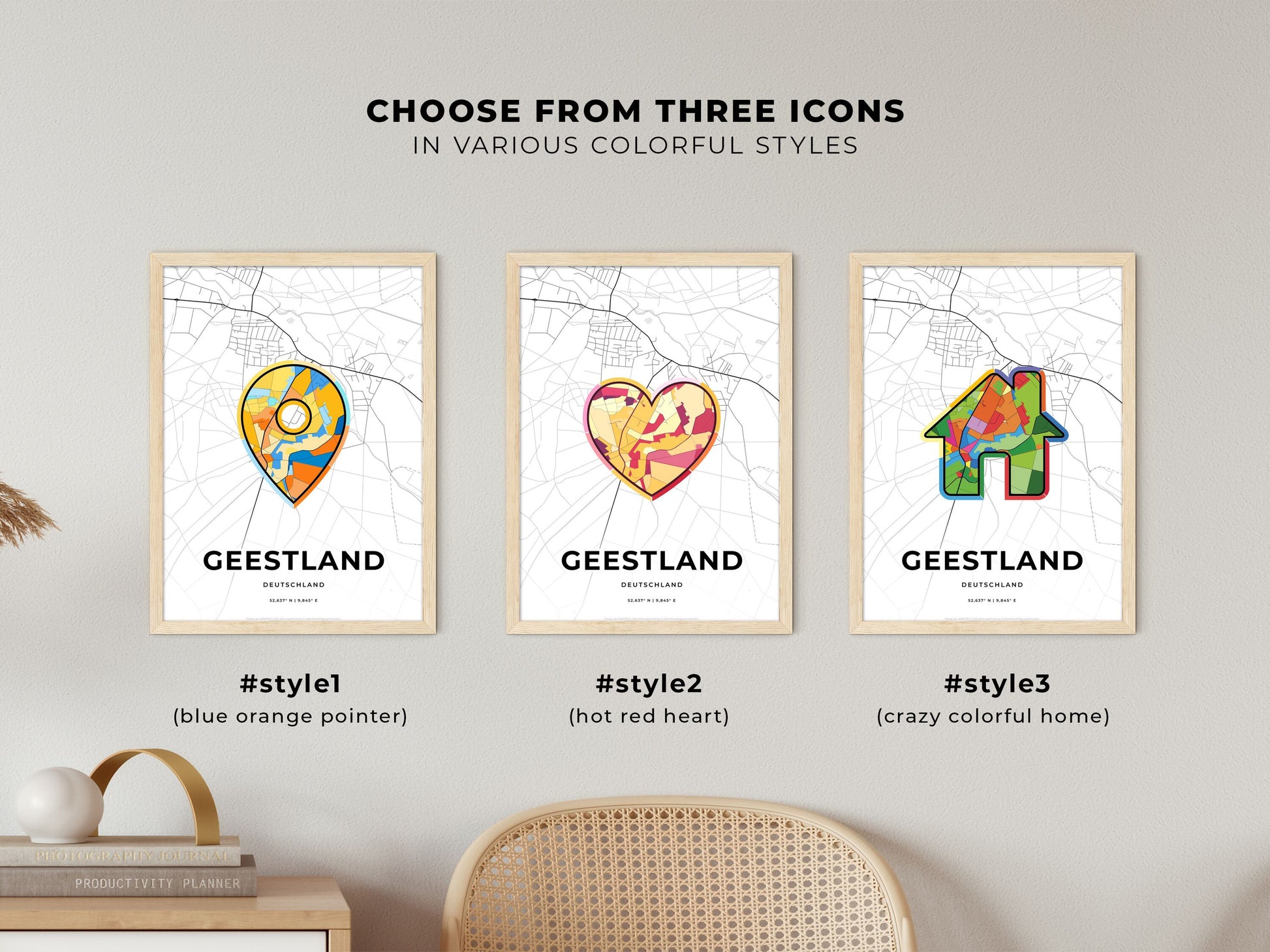 GEESTLAND GERMANY minimal art map with a colorful icon. Where it all began, Couple map gift.