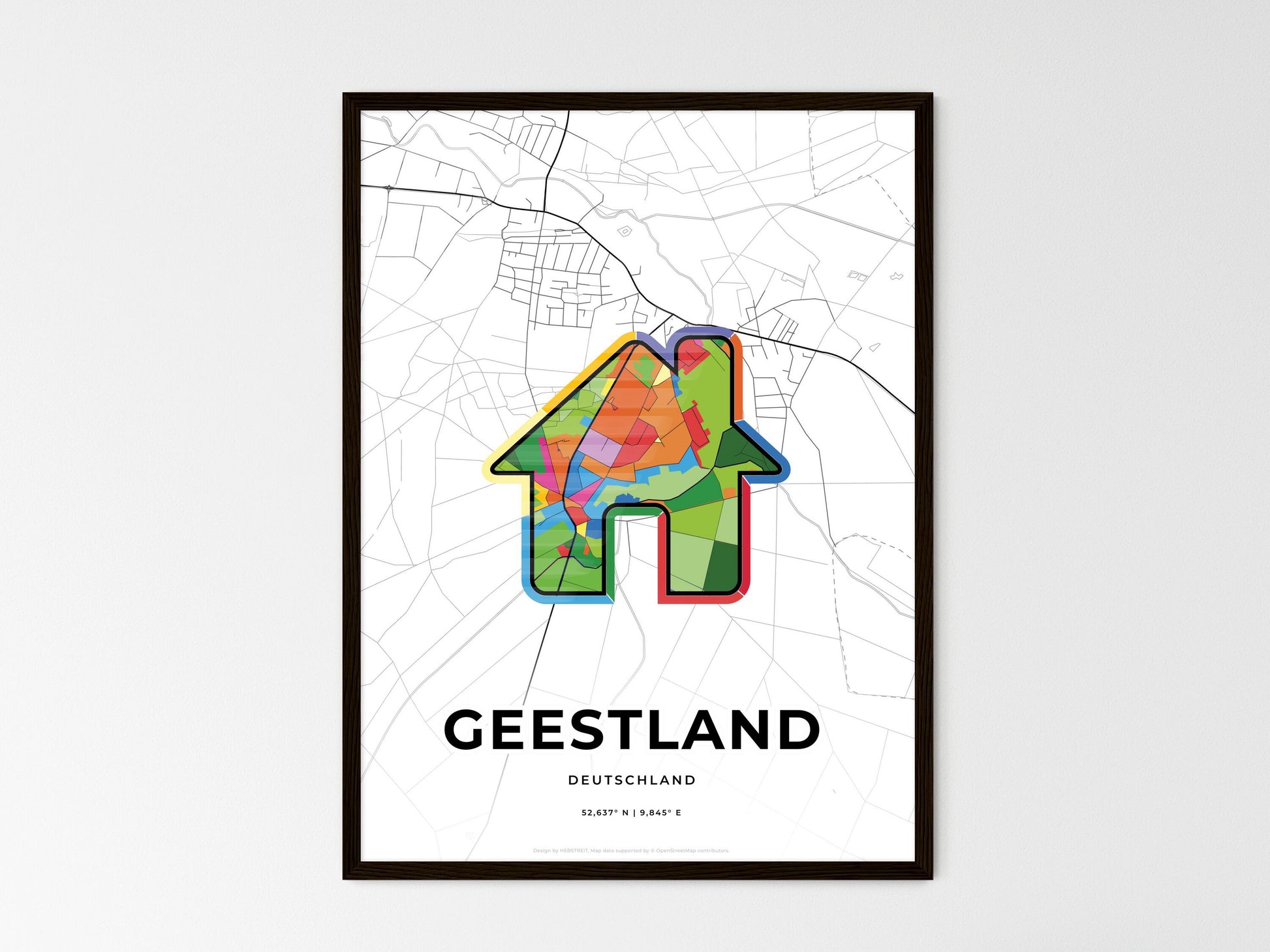 GEESTLAND GERMANY minimal art map with a colorful icon. Where it all began, Couple map gift. Style 3
