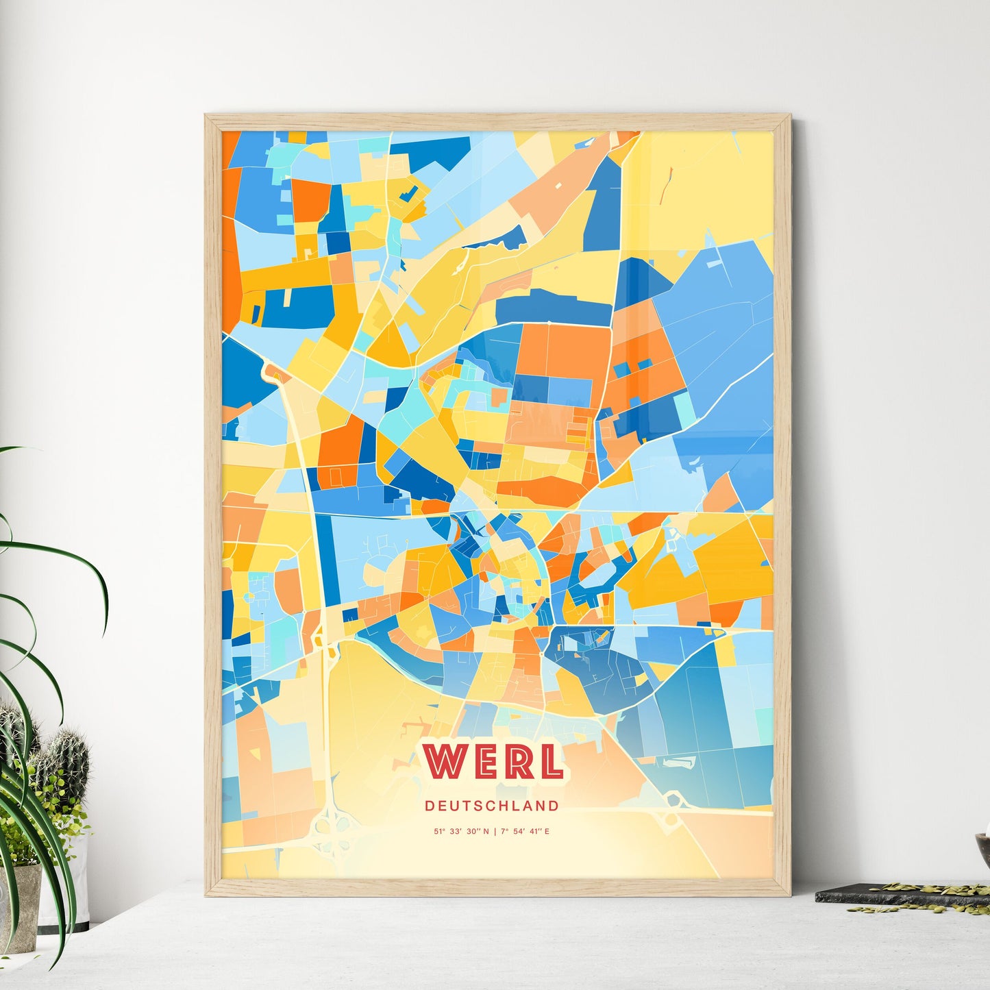 Colorful WERL GERMANY Fine Art Map Blue Orange