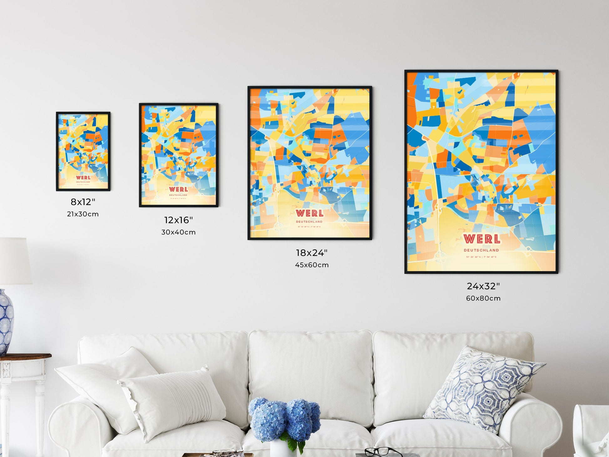 Colorful WERL GERMANY Fine Art Map Blue Orange