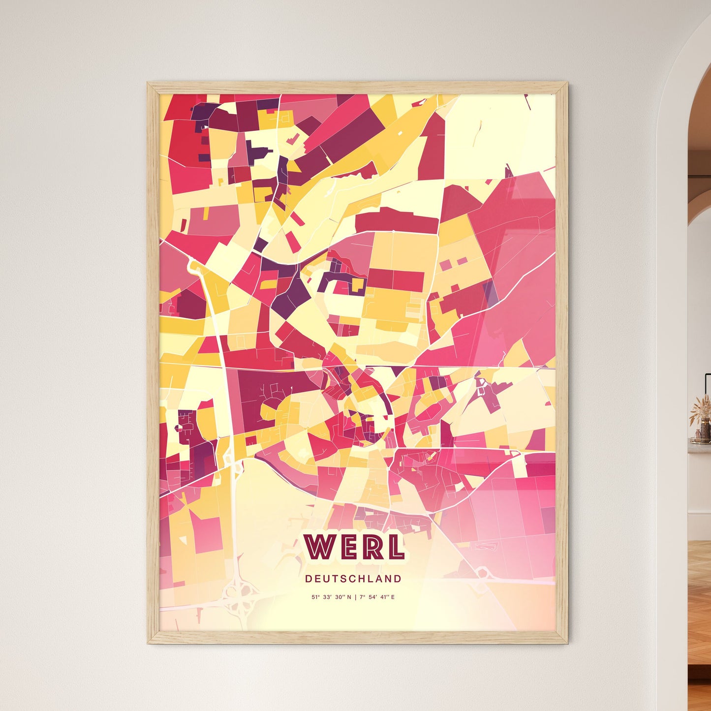 Colorful WERL GERMANY Fine Art Map Hot Red