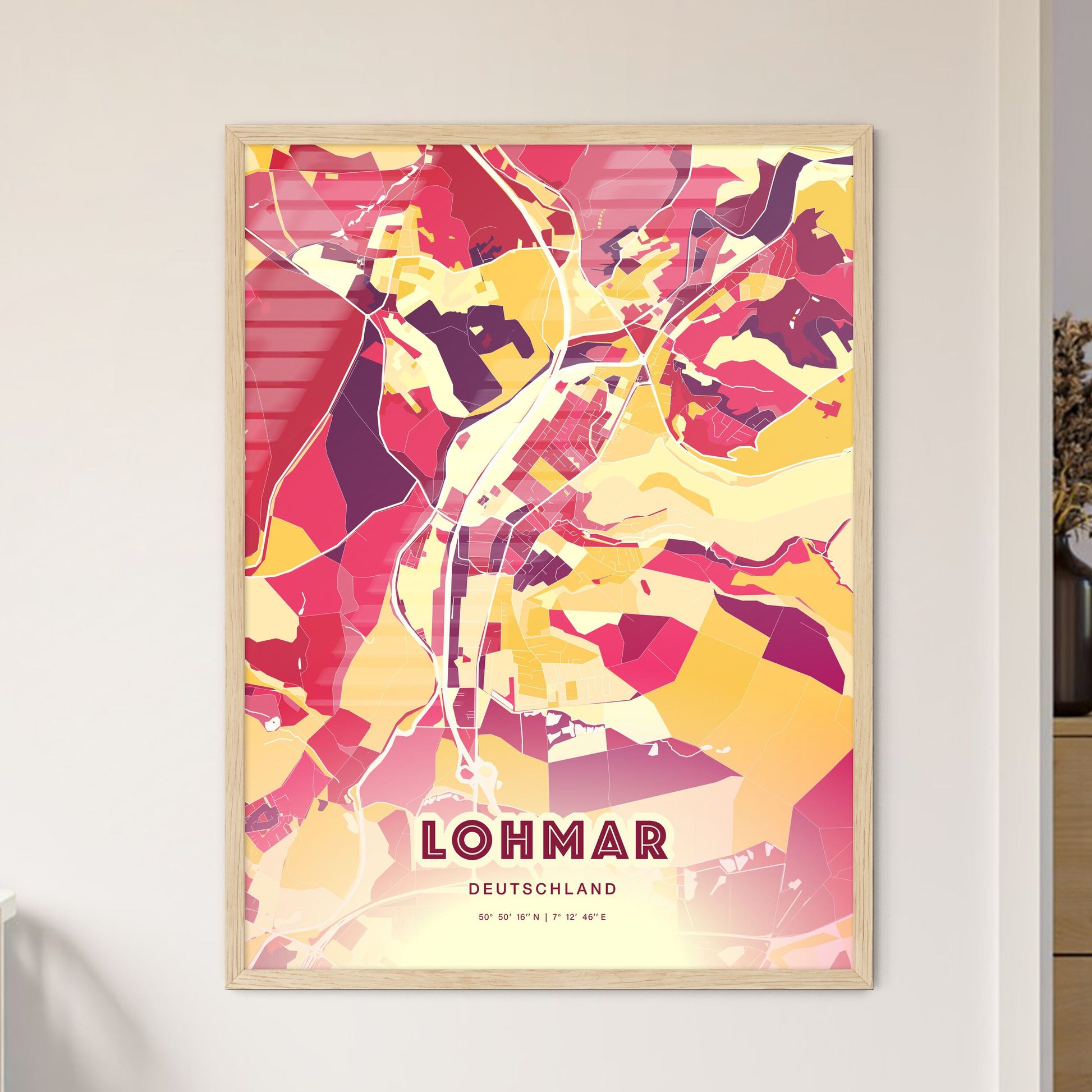 Colorful LOHMAR GERMANY Fine Art Map Hot Red