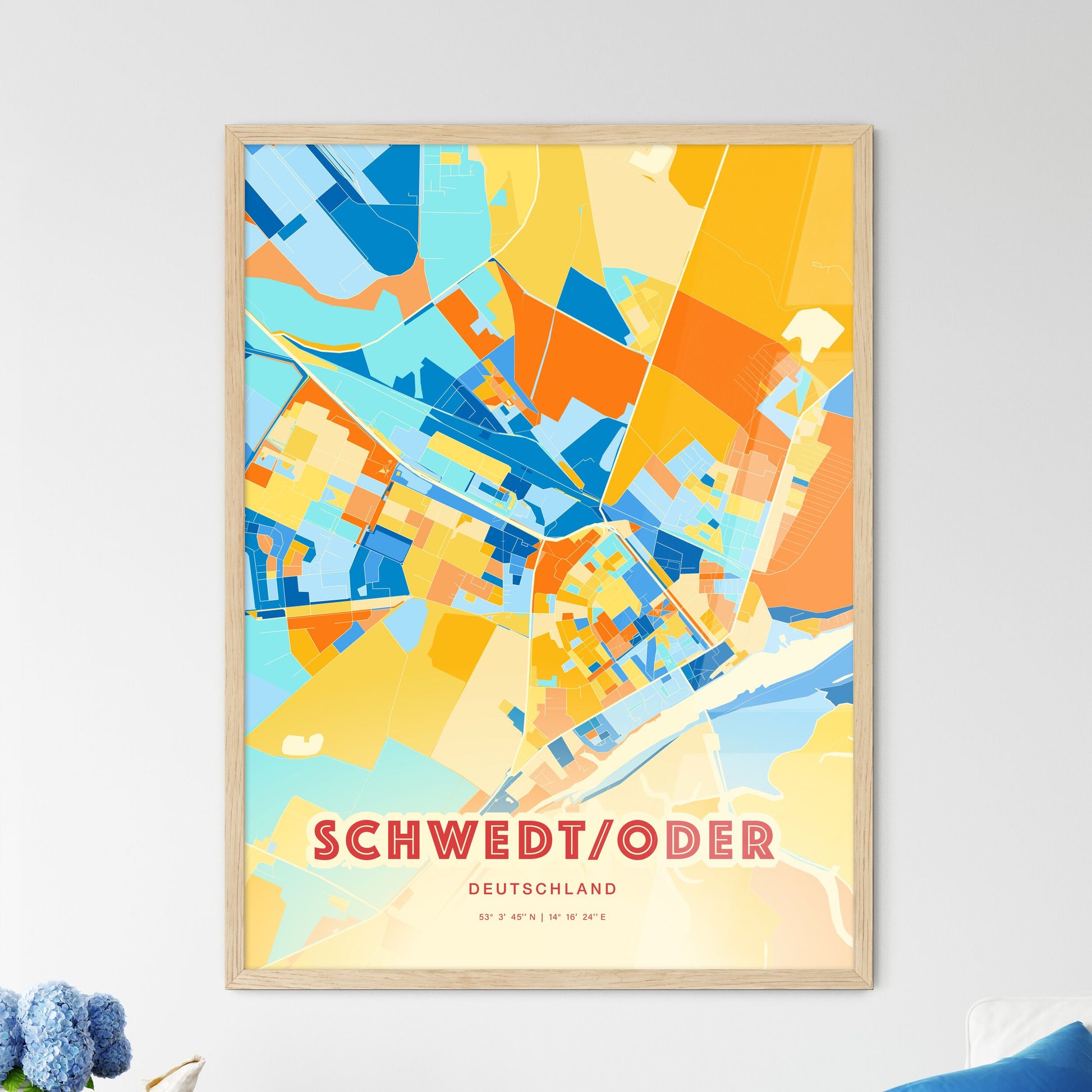 Colorful SCHWEDT/ODER GERMANY Fine Art Map Blue Orange