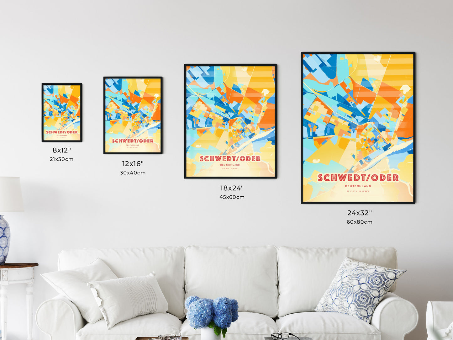 Colorful SCHWEDT/ODER GERMANY Fine Art Map Blue Orange