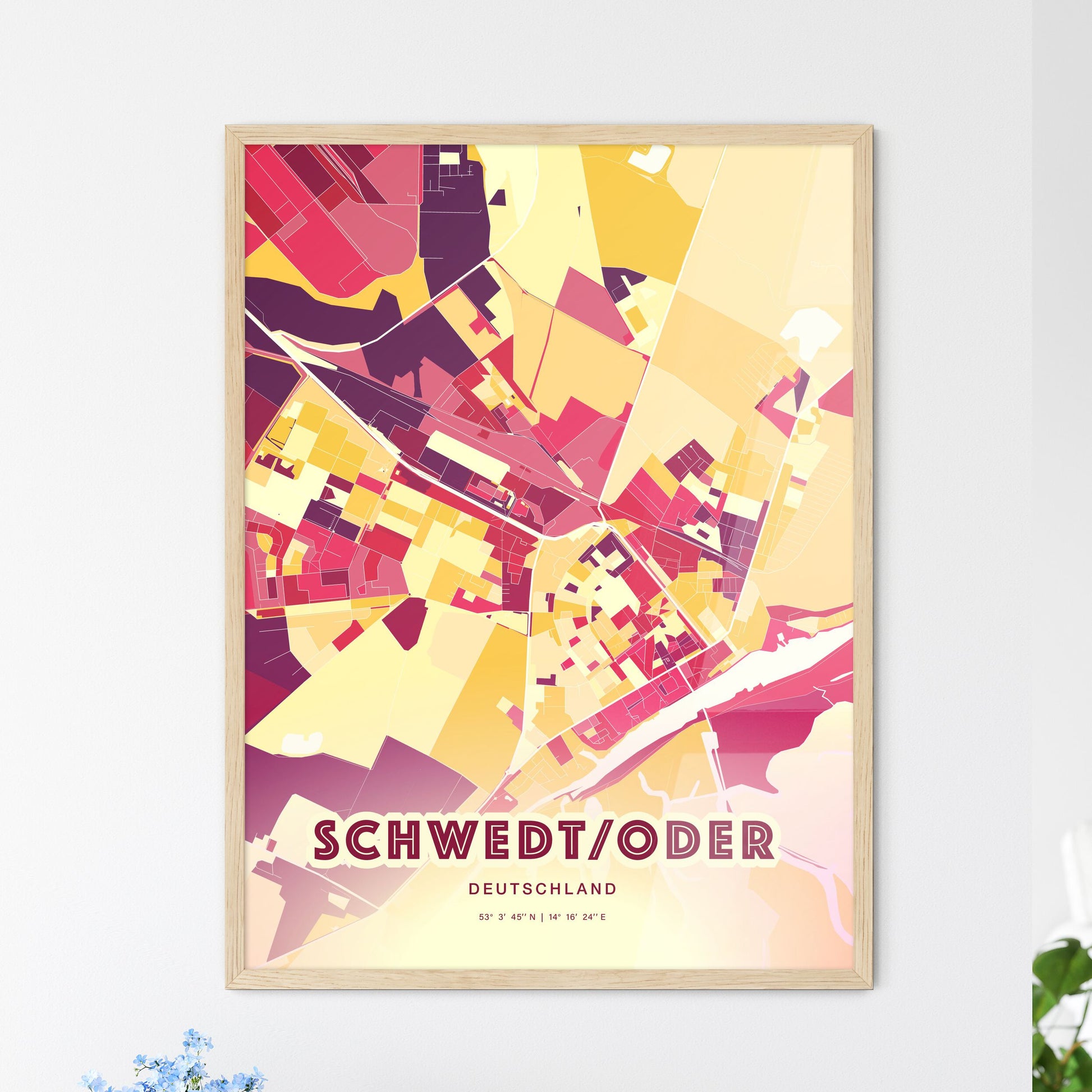 Colorful SCHWEDT/ODER GERMANY Fine Art Map Hot Red